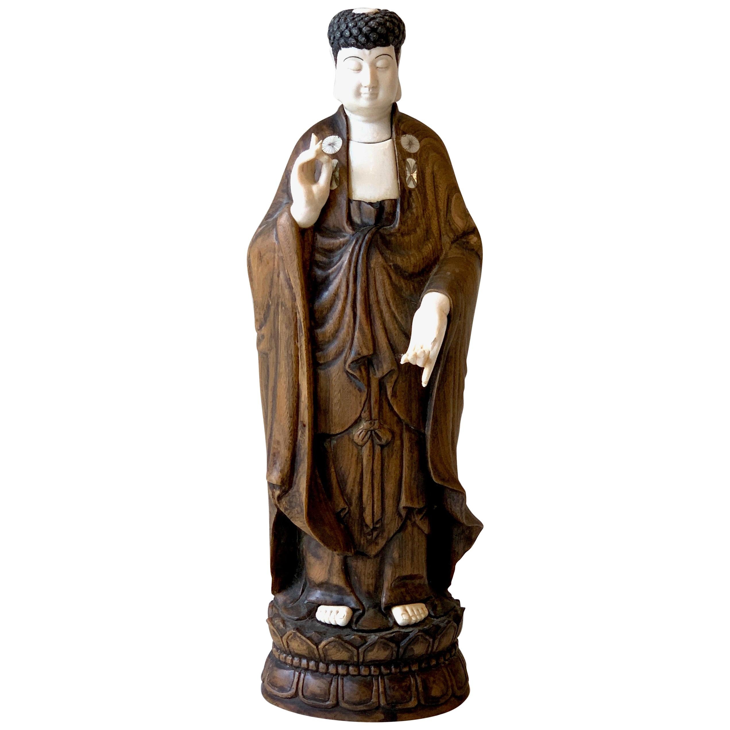 Carved Wood and Bone Standing Buddha For Sale