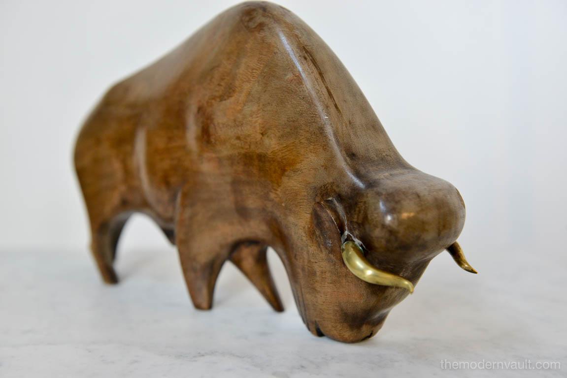 Carved Wood and Brass Bull by Franz Hagenauer, Austria, circa 1965 In Good Condition In Costa Mesa, CA