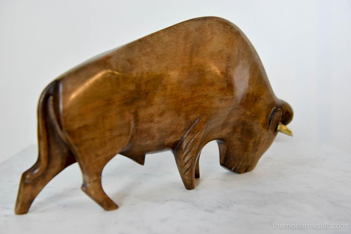 Mid-20th Century Carved Wood and Brass Bull by Franz Hagenauer, Austria, circa 1965