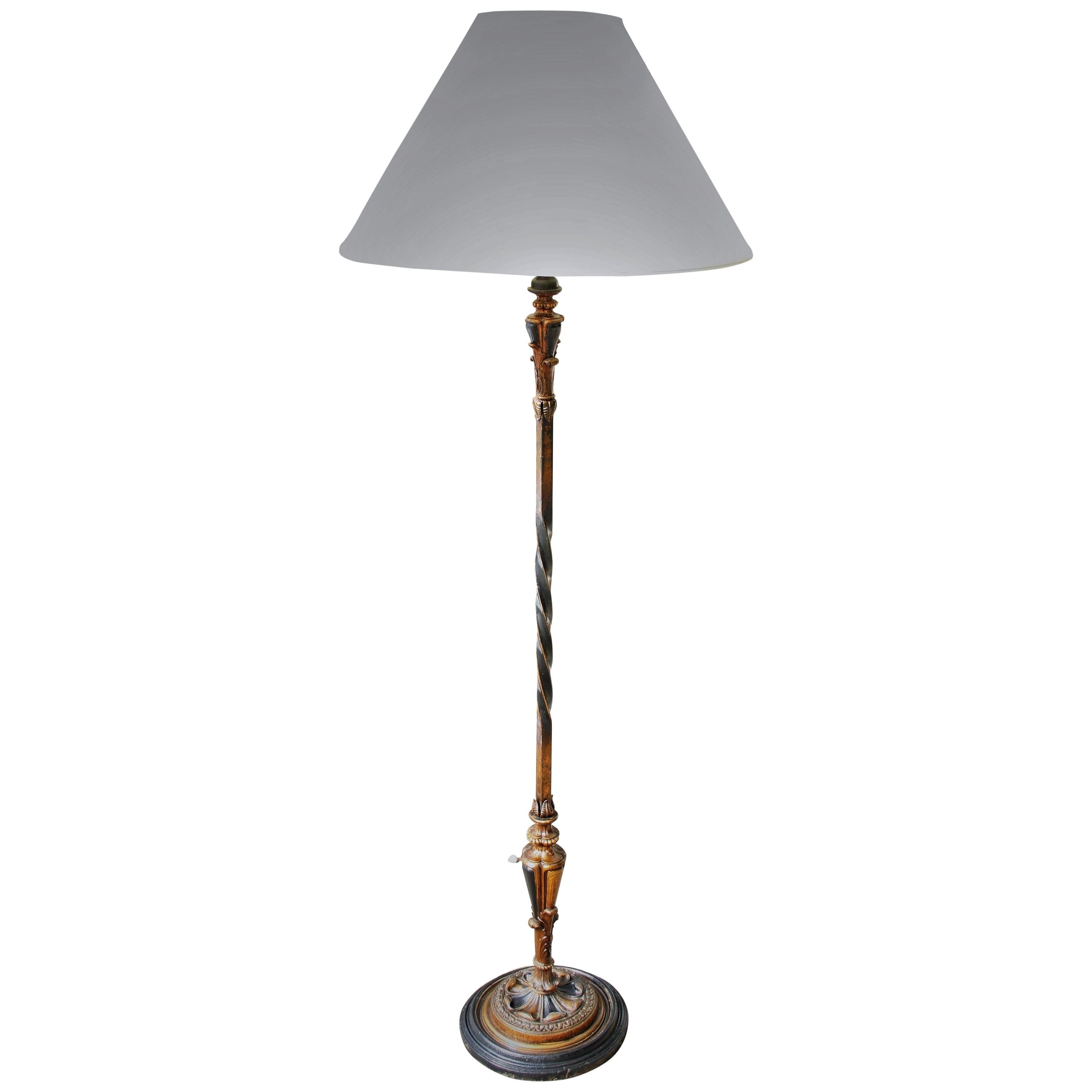 Carved Wood and Brass Floor Lamp, 1940s For Sale