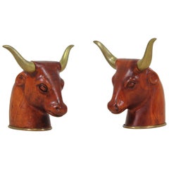 Carved Wood and Brass Steer Head Sculptures by Sarreid
