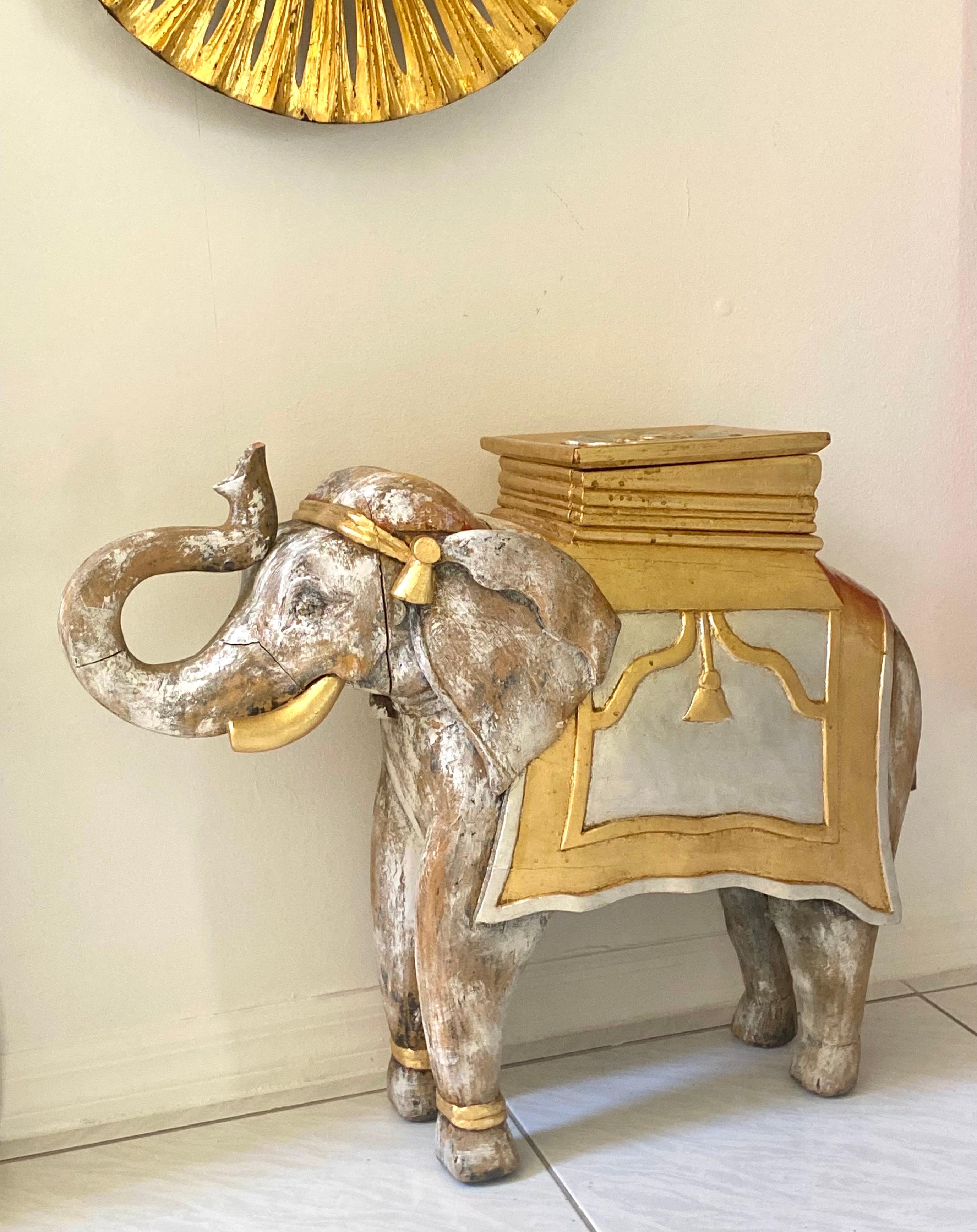 Mid-Century Modern Carved Wood and Gilded Gold Elephant Stool with Storage
