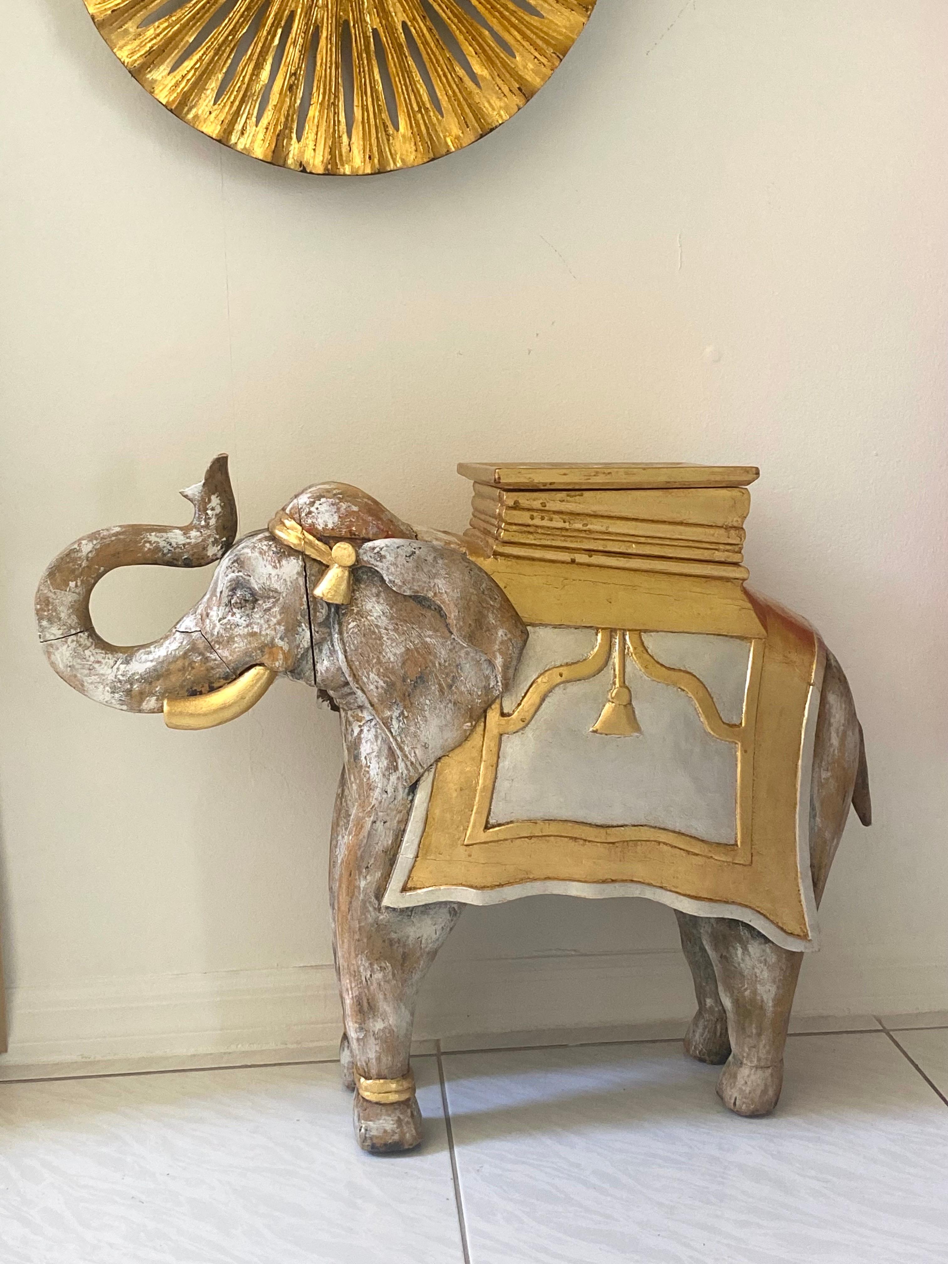 Carved Wood and Gilded Gold Elephant Stool with Storage In Good Condition In Miami, FL