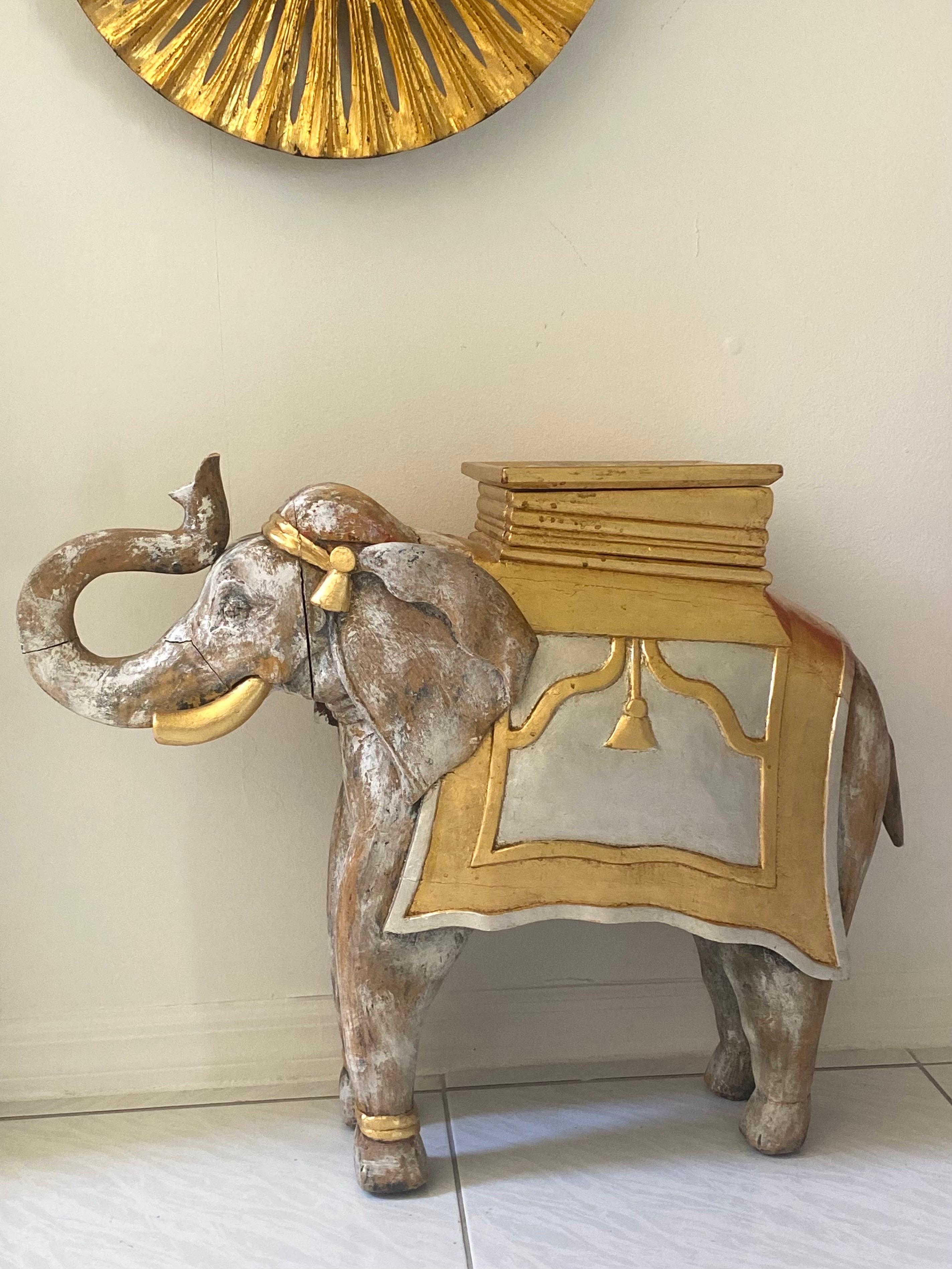 20th Century Carved Wood and Gilded Gold Elephant Stool with Storage
