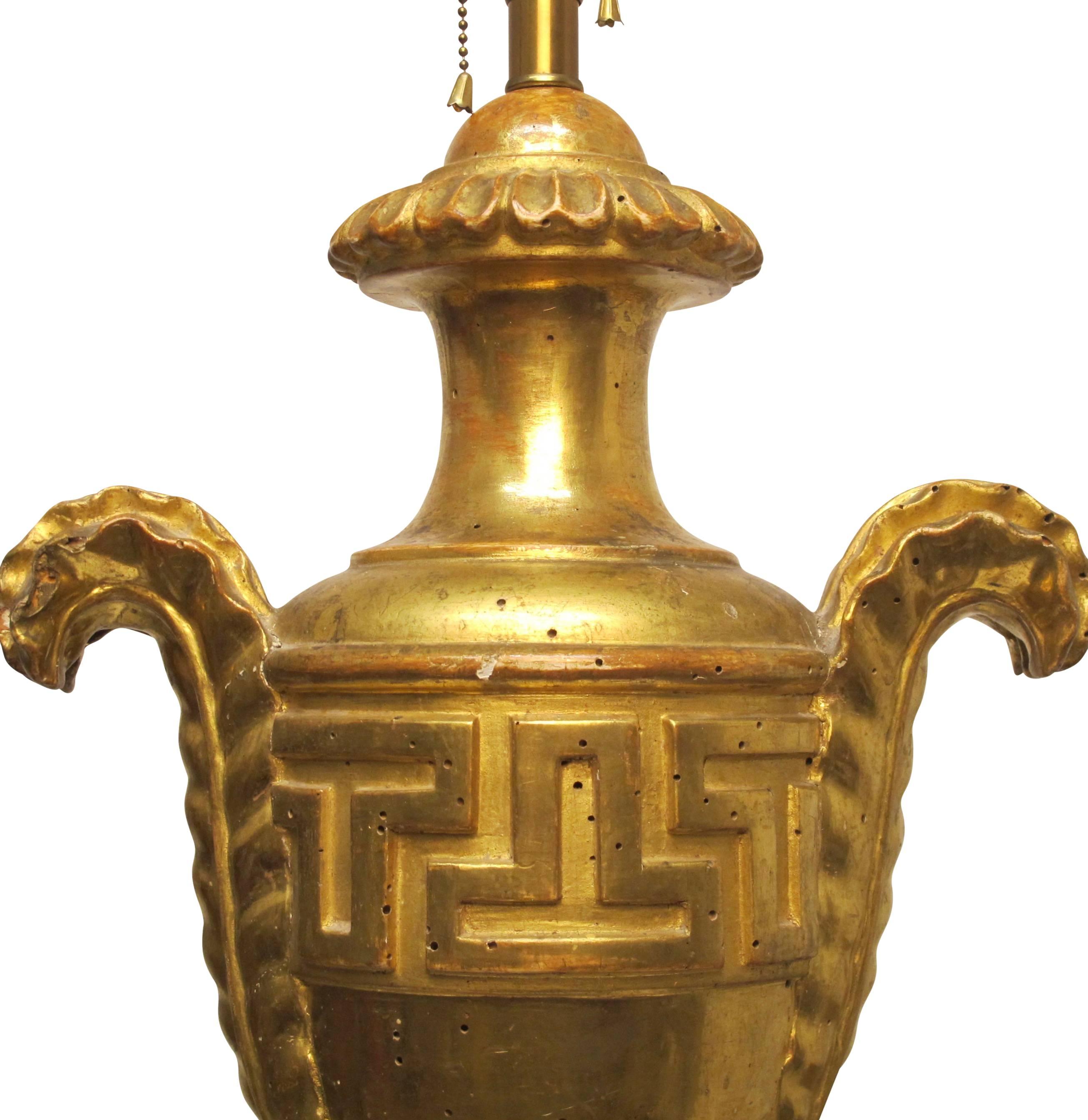 Carved Wood and Gilt Urn Shape Lamp, Italian, Early 19th Century For Sale 1