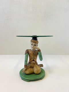 Carved Wood and Glass Asian Men Side Table attributed to Tony Duquette