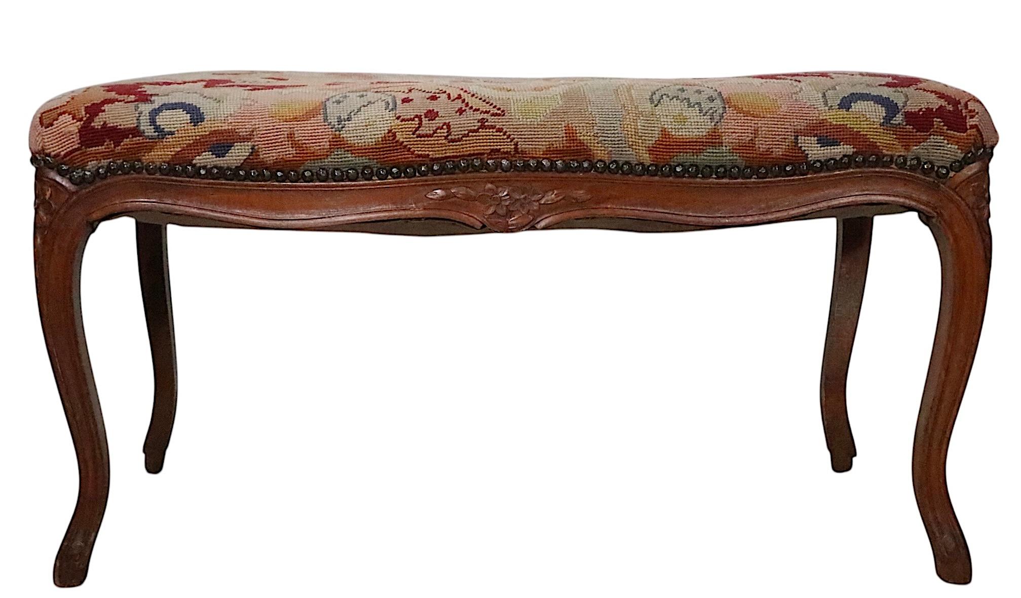 French Carved Wood and Needlepoint Louis XV Style Bench