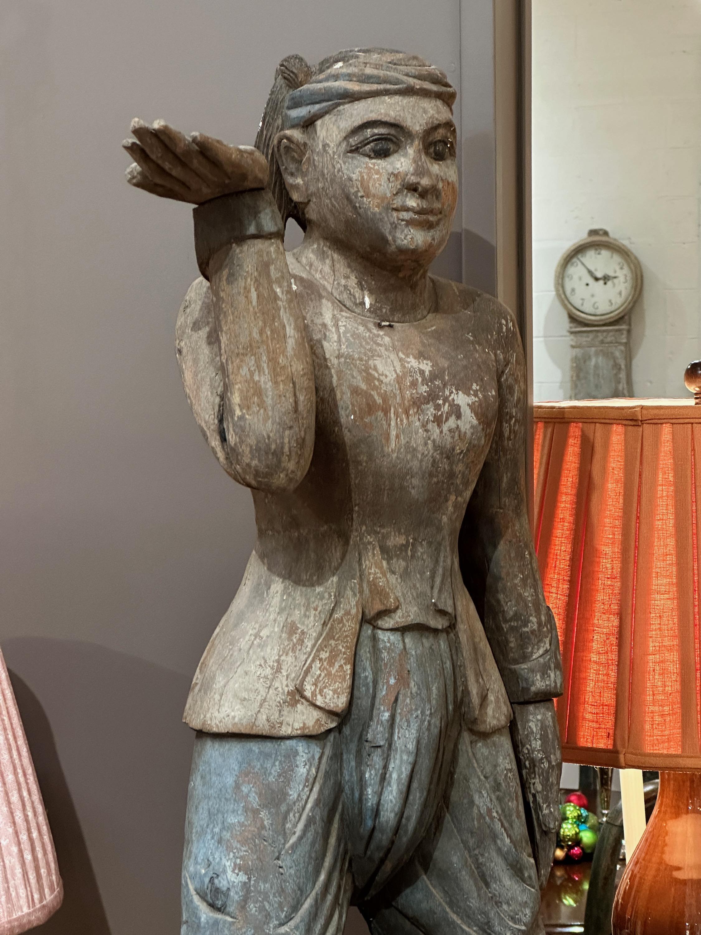 Folk Art Carved Wood and Paint Decorated Indonesion Statue For Sale