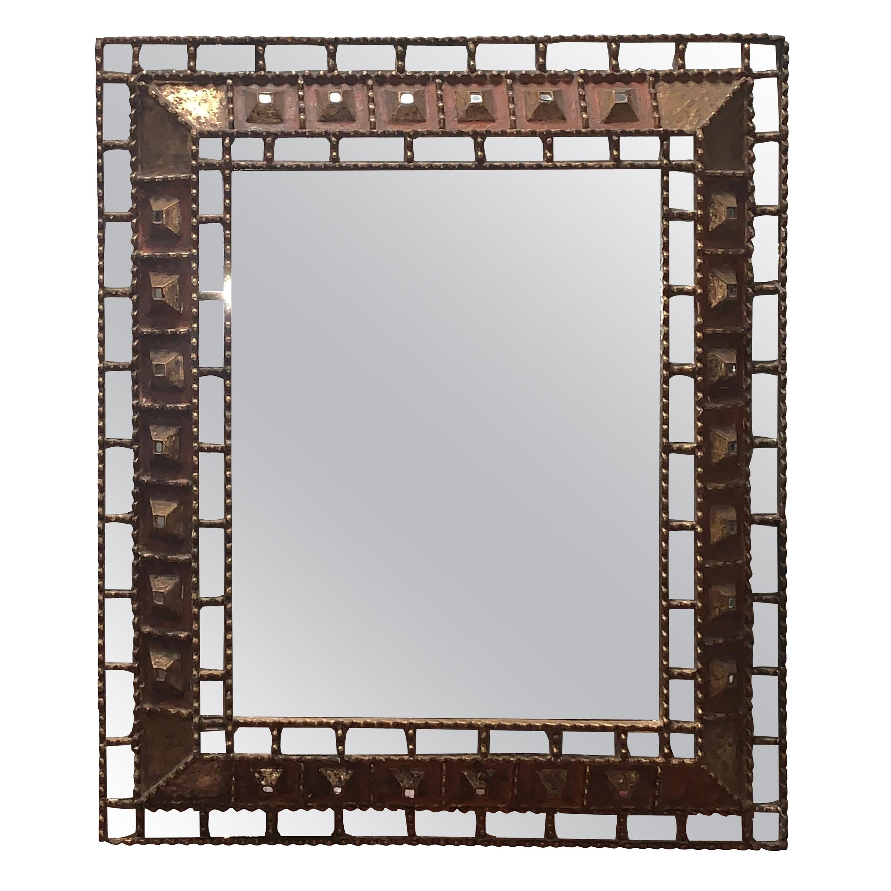 Carved Gold Gilt Wood with Pieced Inset Mirrors Framed Mirror, Spain, 1950s