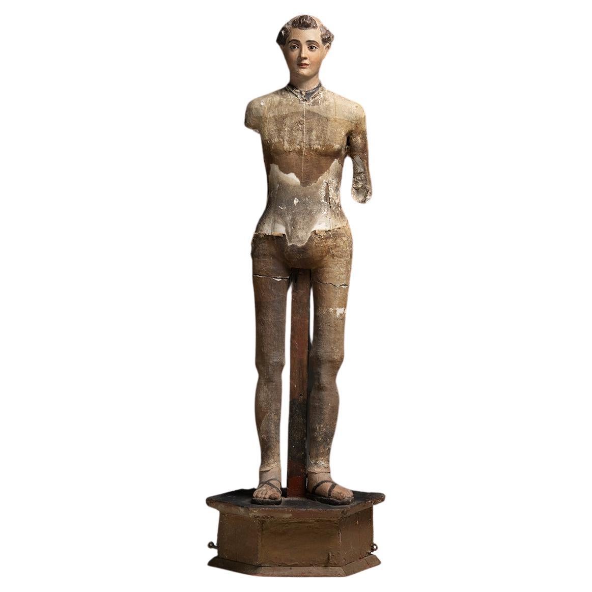 Carved Wood and Plaster Life Size Saint Sculpture, Italy 1890 For Sale