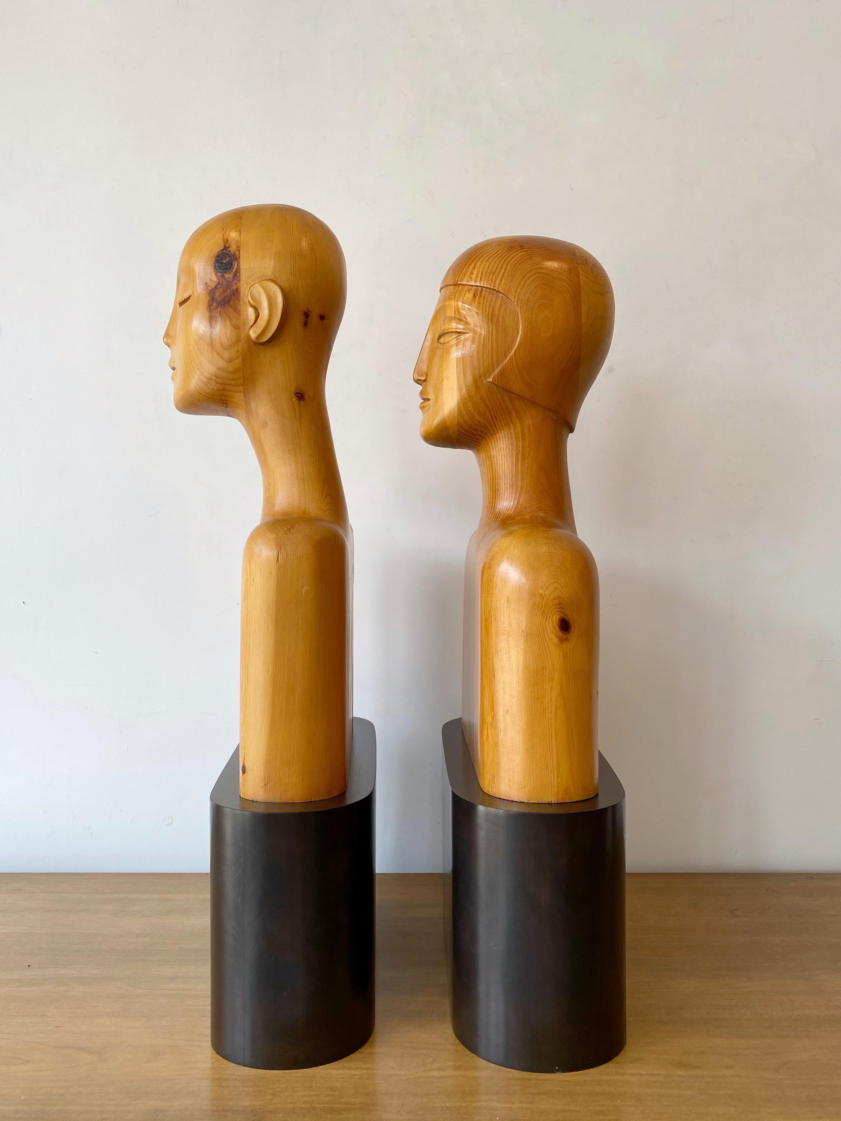 Carved Wood Art Deco Style Busts on Plinth Bases, a Pair In Good Condition In Brooklyn, NY