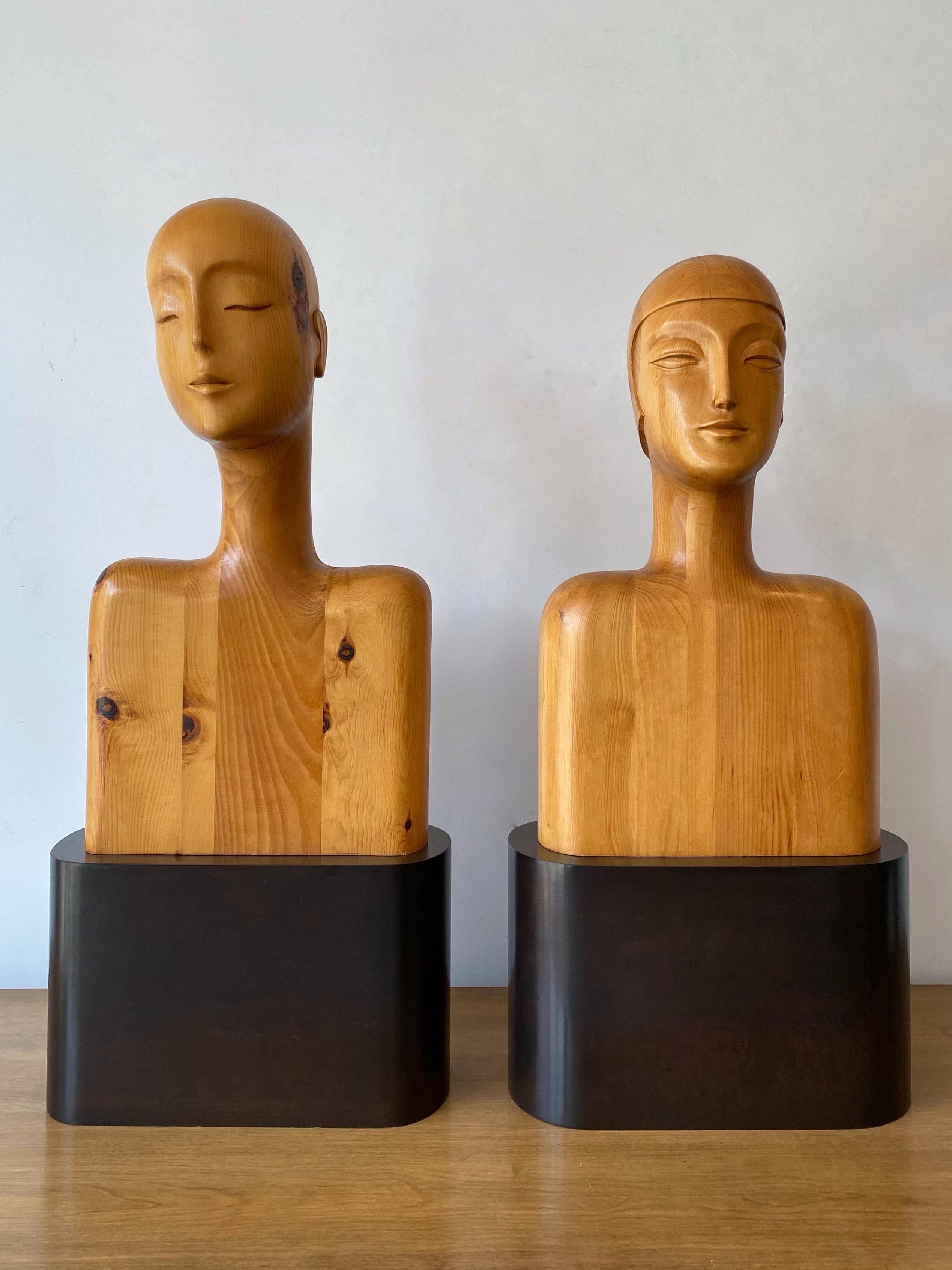 Carved Wood Art Deco Style Busts on Plinth Bases, a Pair 1