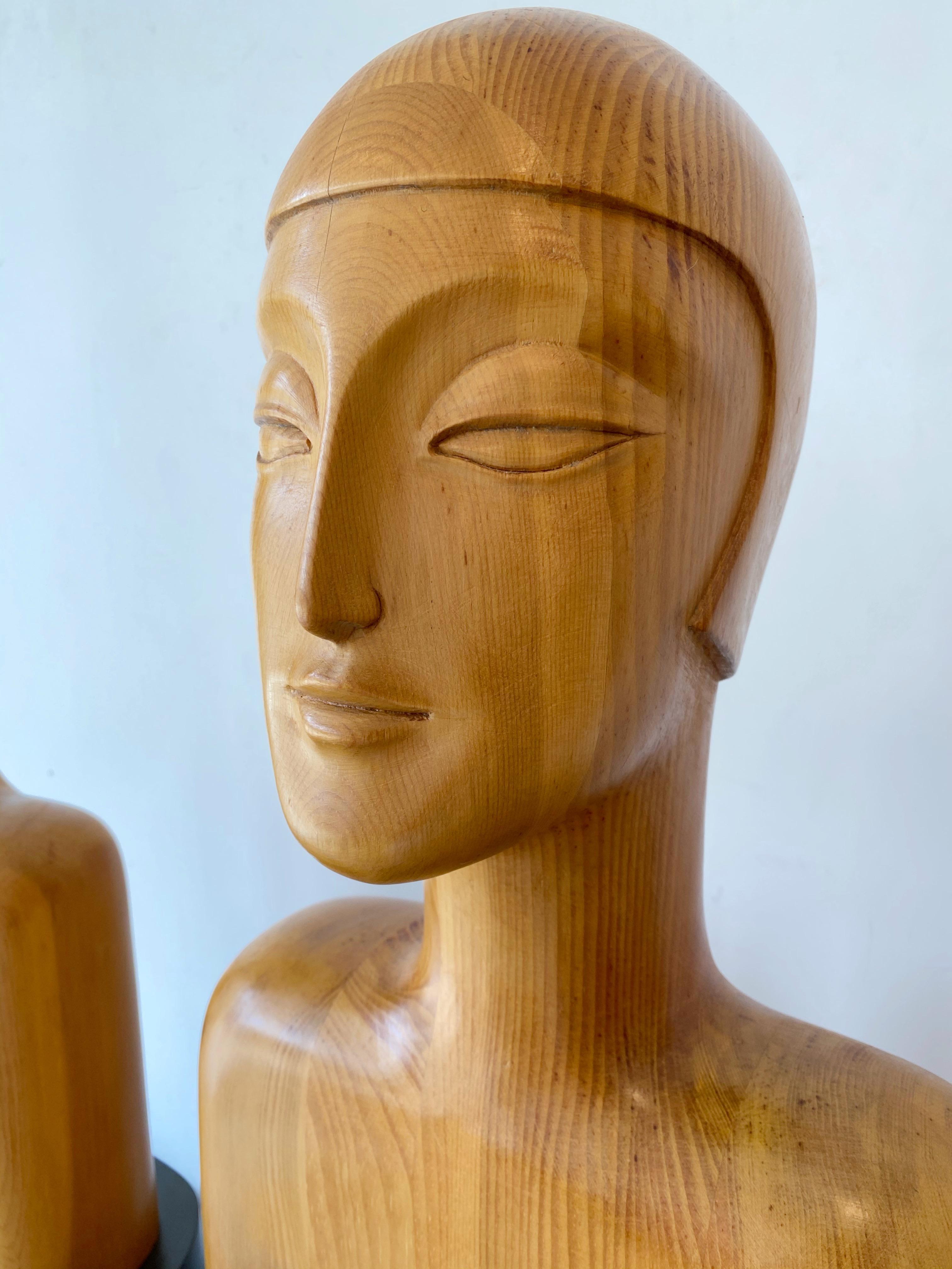 Carved Wood Art Deco Style Busts on Plinth Bases, a Pair 2
