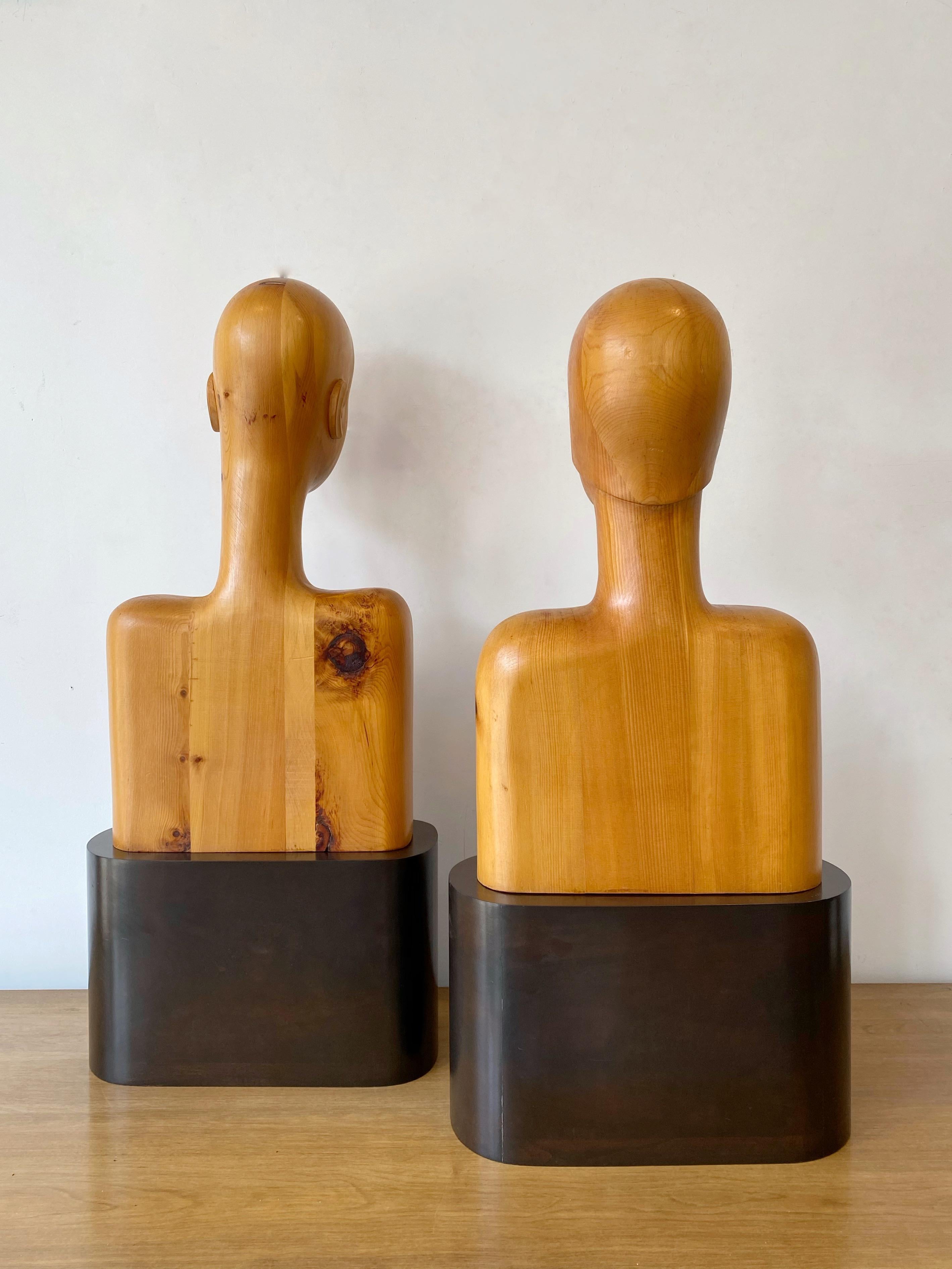 Carved Wood Art Deco Style Busts on Plinth Bases, a Pair 3