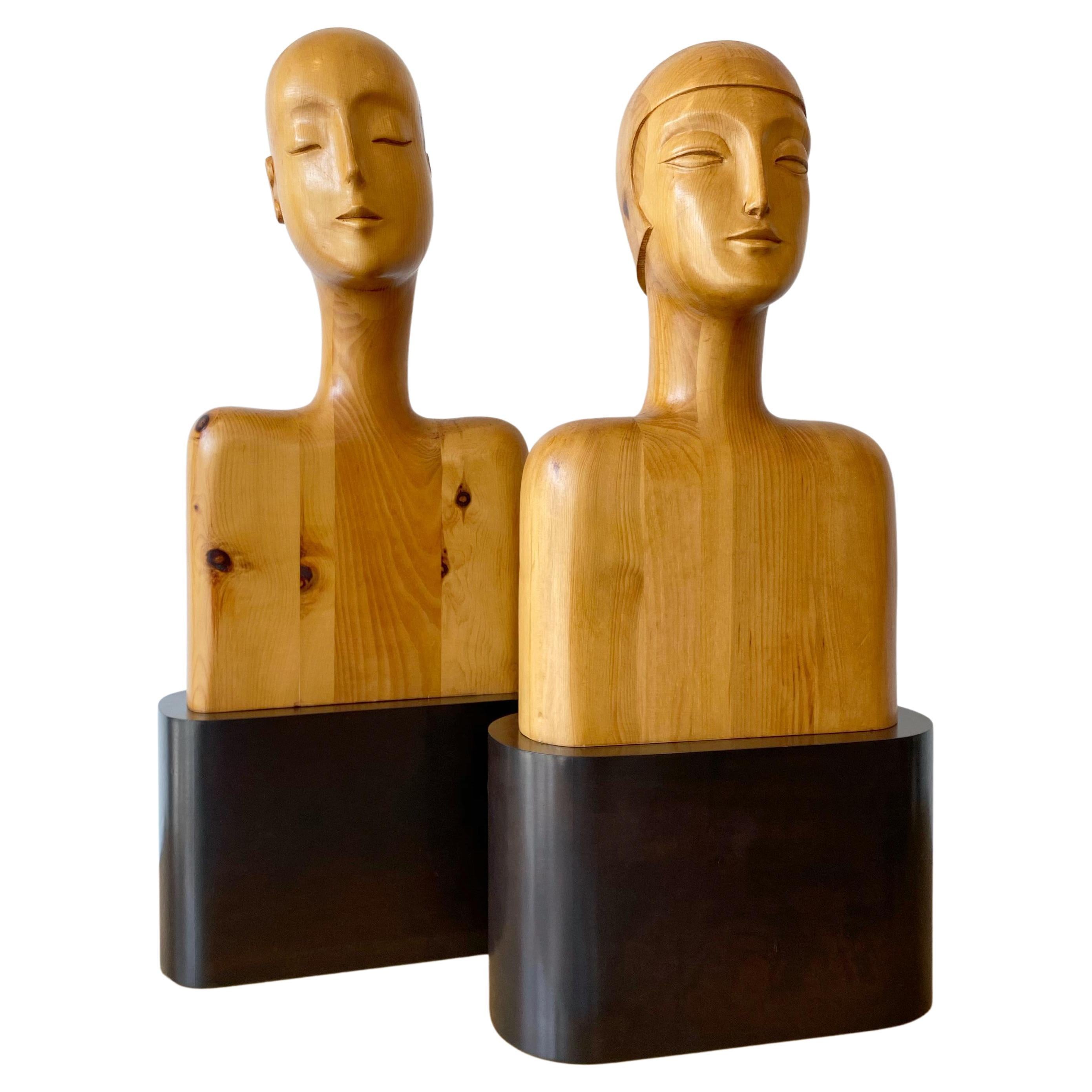 Carved Wood Art Deco Style Busts on Plinth Bases, a Pair