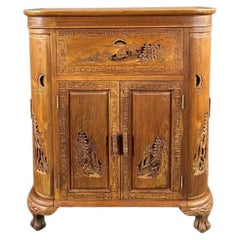 Carved Wood Bar Cabinet With Asian Decor, 20th Century