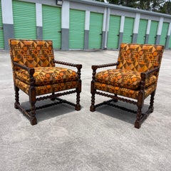 Carved Wood Barley Twist, Geometric Print Linen Upholstery Armchairs, a Pair