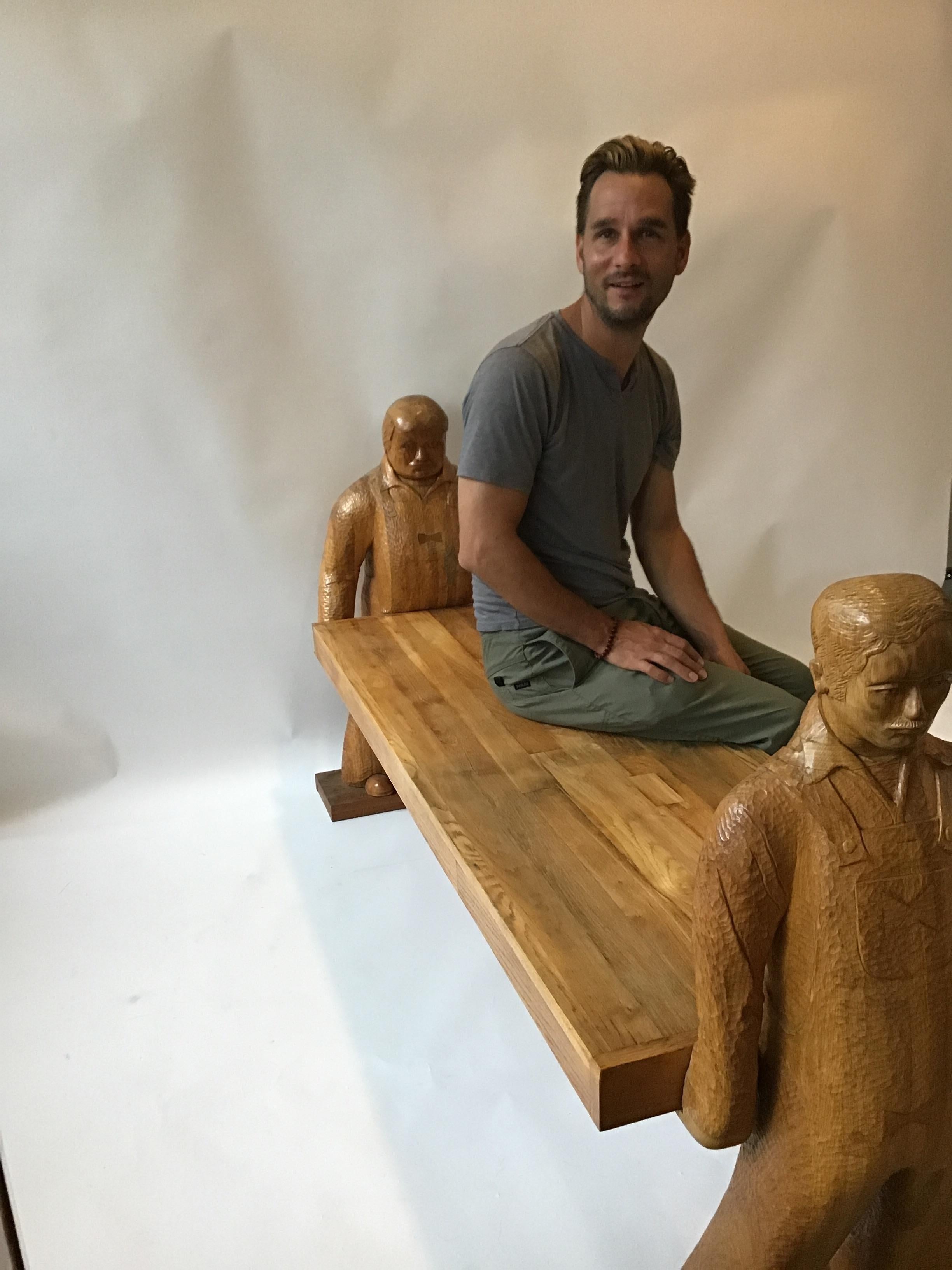 Carved Wood Bench or Table of Two Workers Moving a Piece of Wood In Good Condition In Tarrytown, NY
