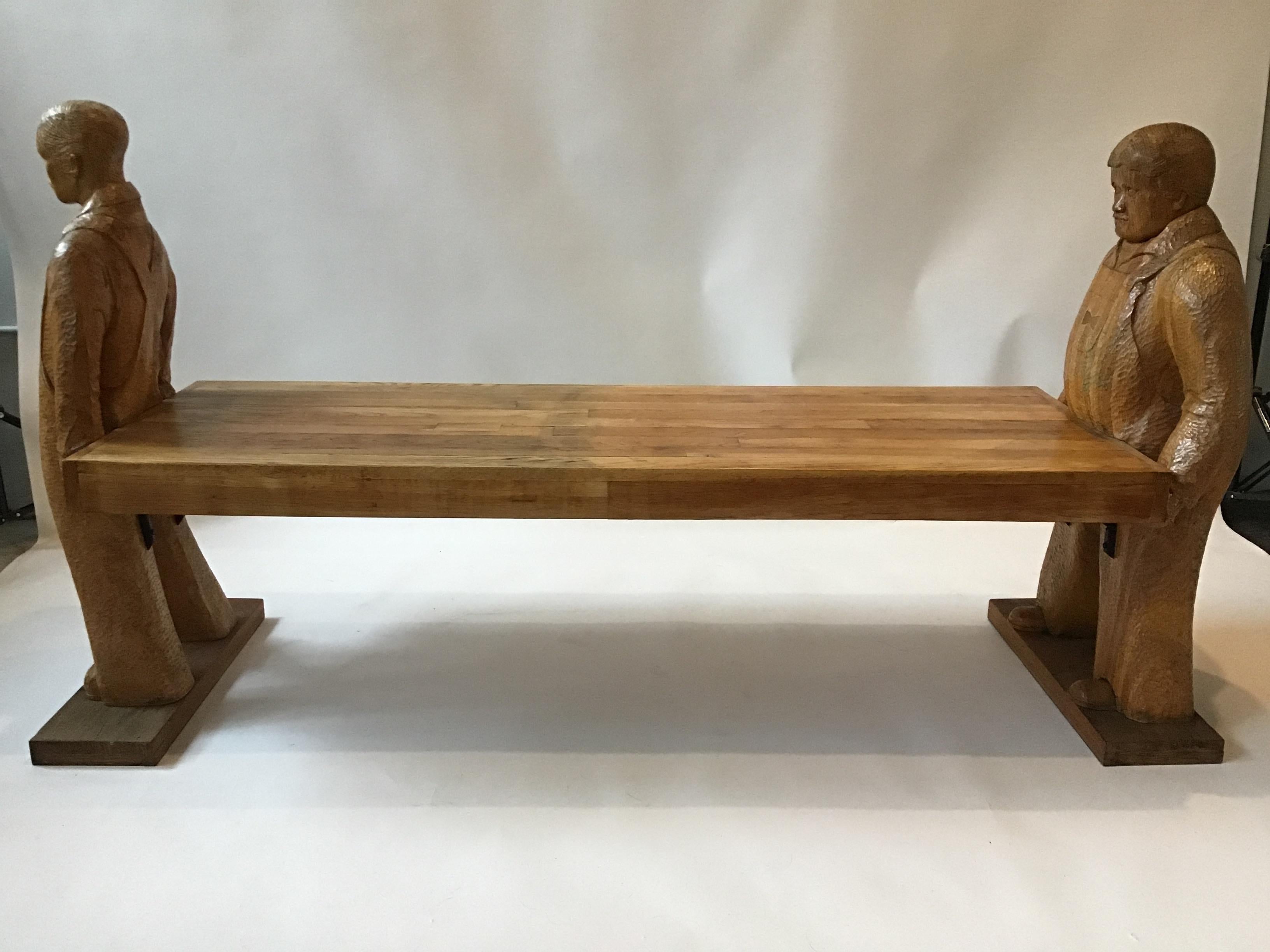 Carved Wood Bench or Table of Two Workers Moving a Piece of Wood 1