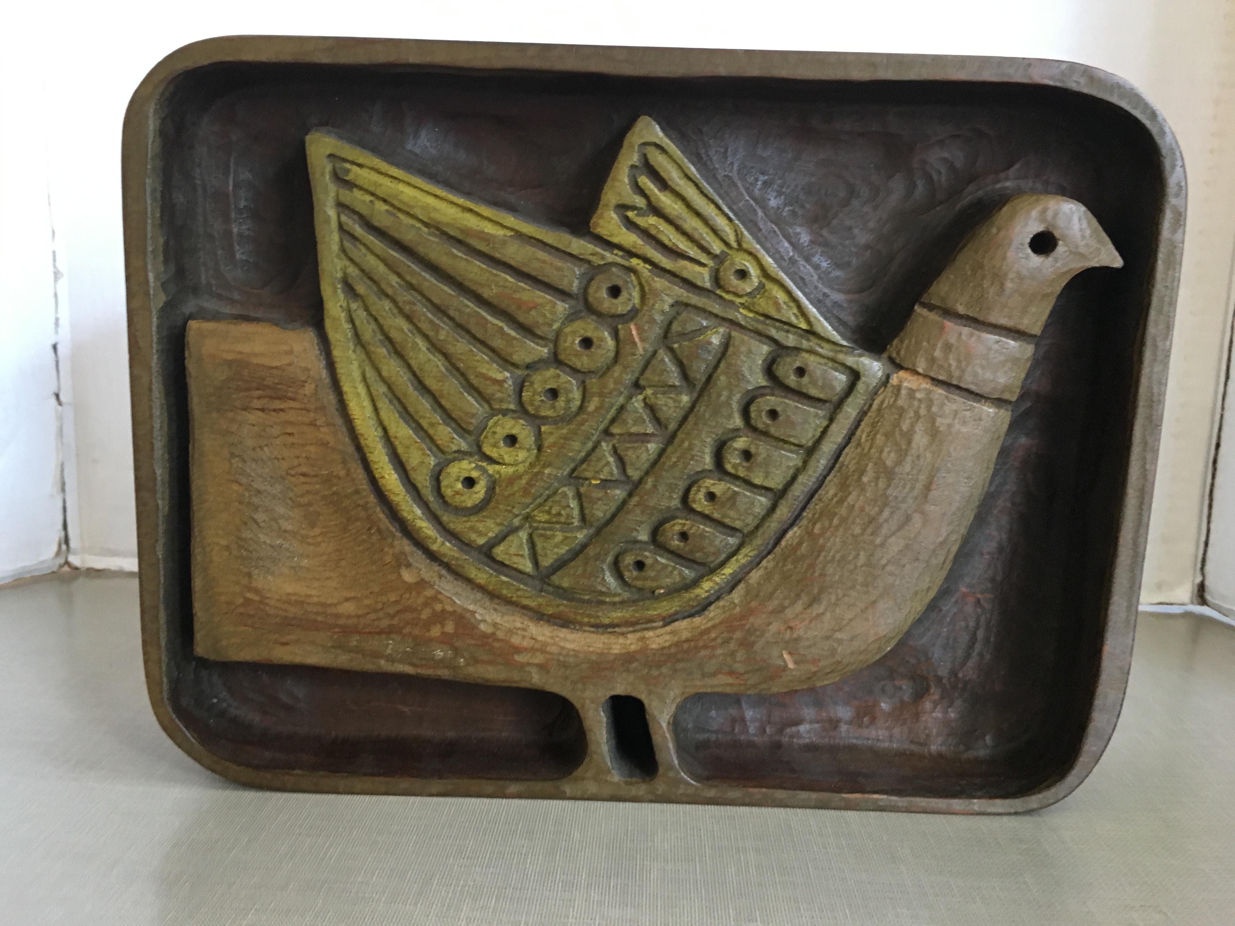 American Carved Wood Bird Plaque by Evelyn Ackerman