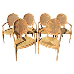 Carved Wood Bois Dining Arm Chairs Cane Back With Rope Wicker Seating Set of 6