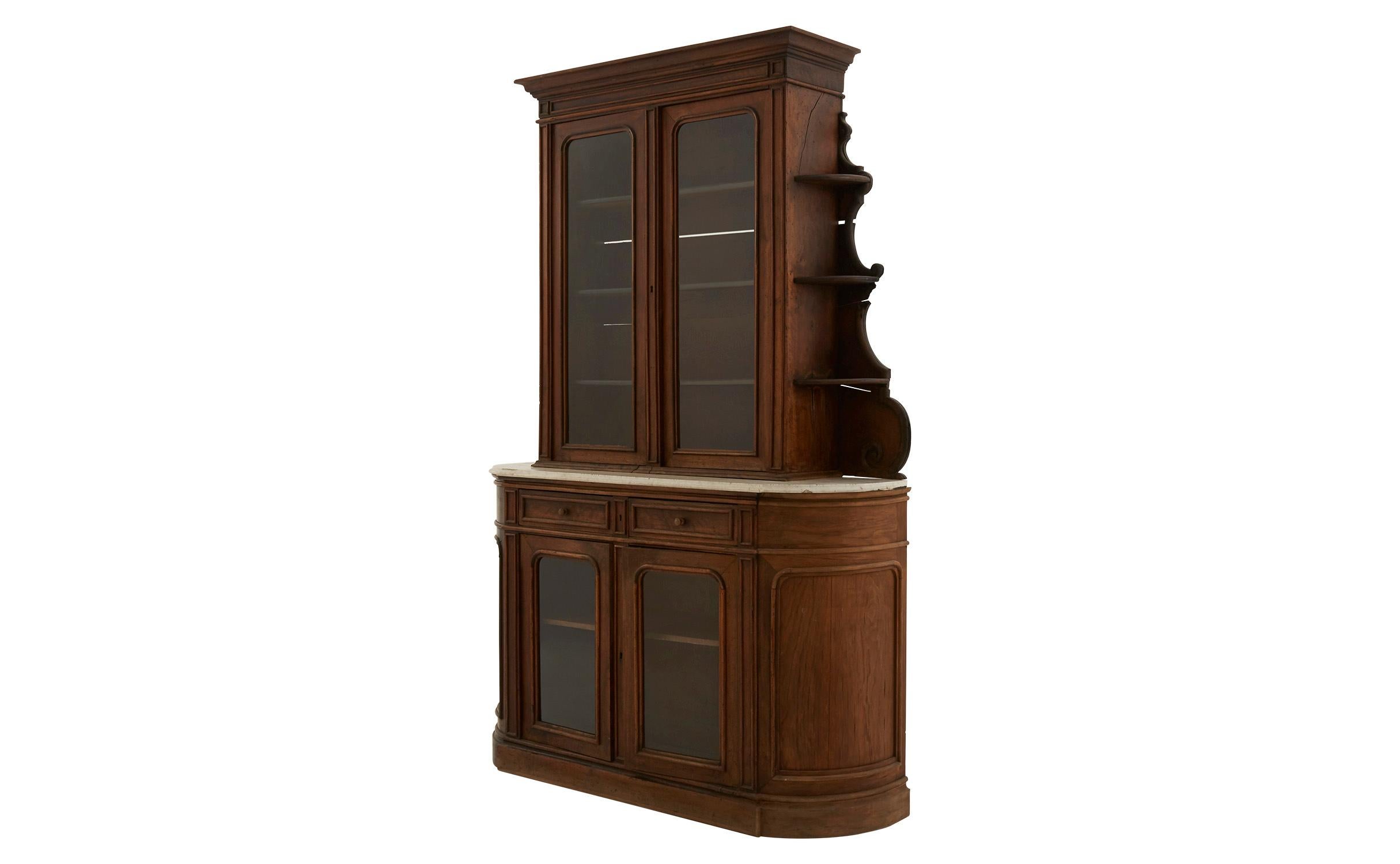 Spanish Carved Wood Breakfront Cabinet with Marble Top