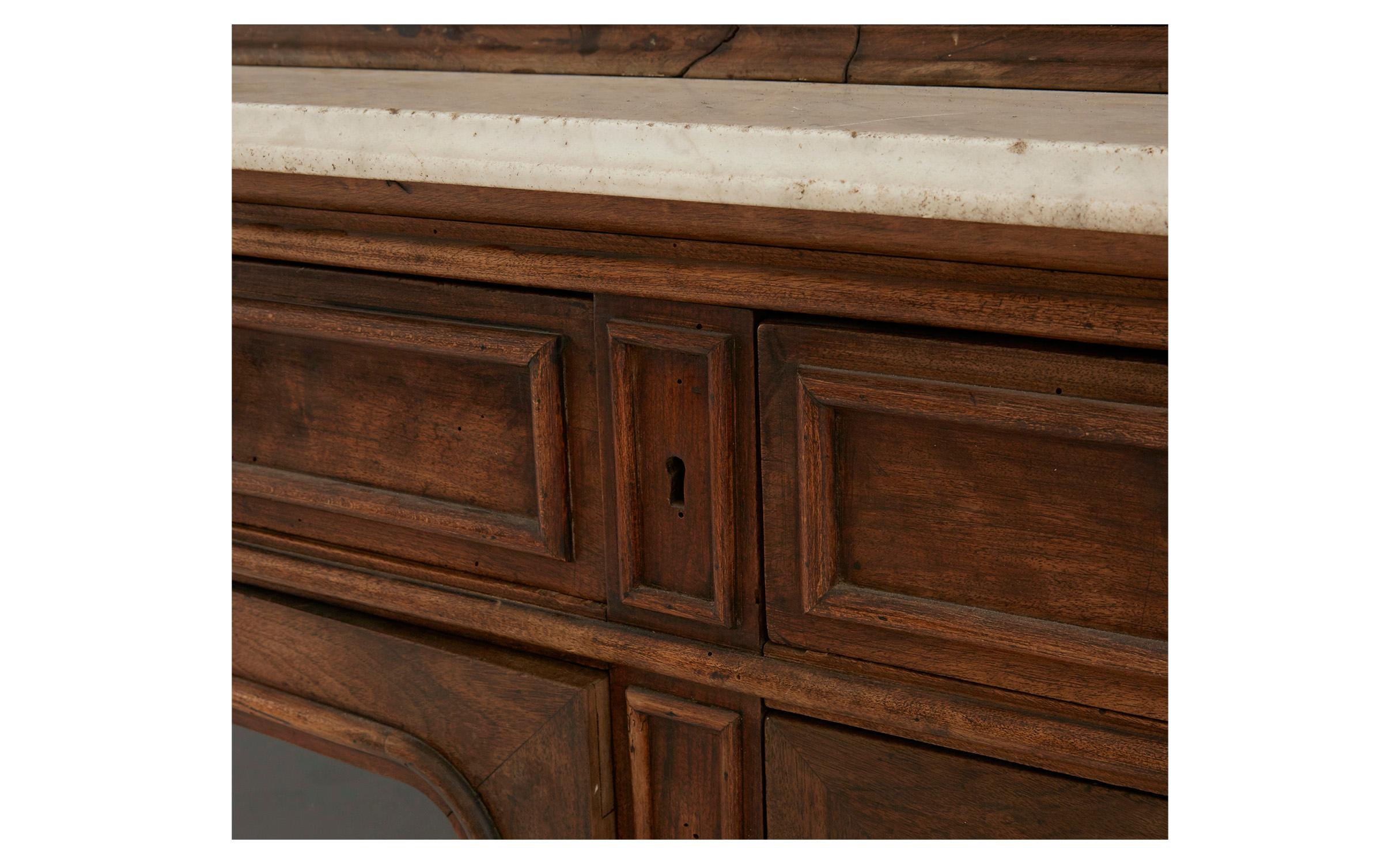 Glass Carved Wood Breakfront Cabinet with Marble Top