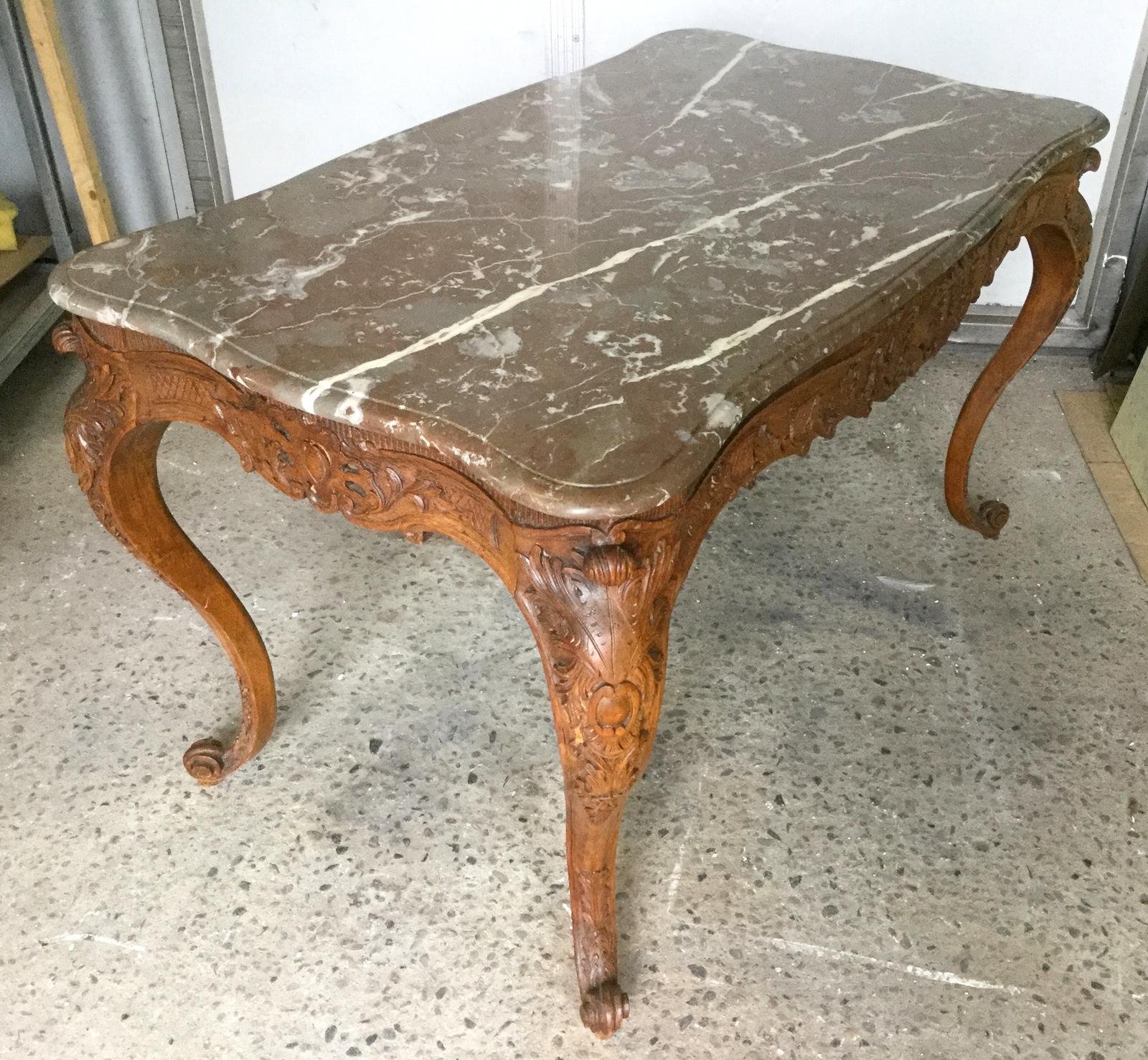 French Carved Wood Center Table with Marble Top, France, 18th Century