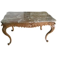 Antique Carved Wood Center Table with Marble Top, France, 18th Century