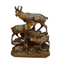 Carved Wood Chamois Family by Ernst Heissl, Ebensee Austria, circa 1900