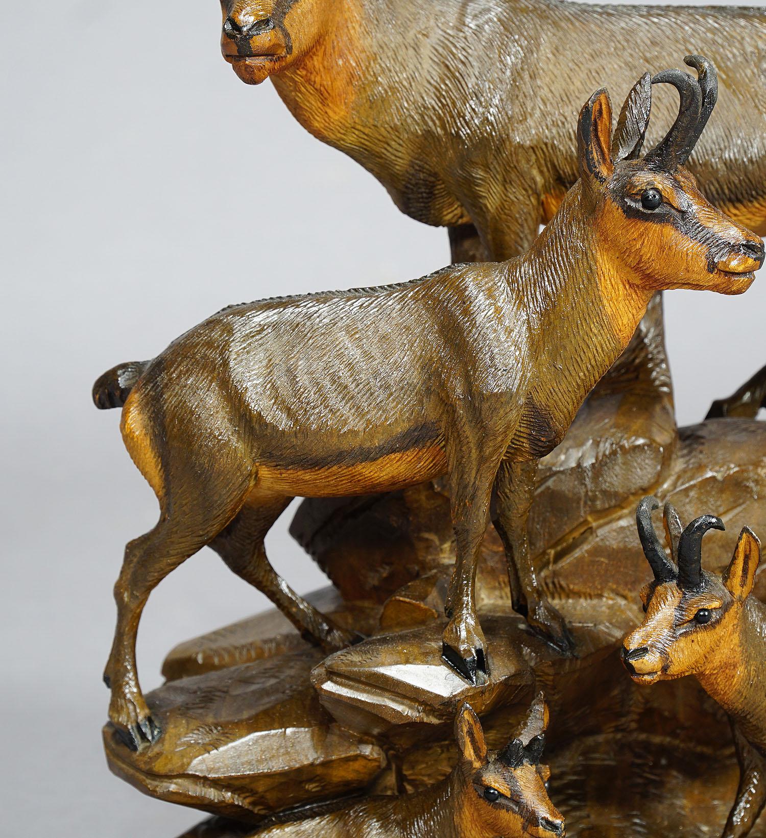 Black Forest Carved Wood Chamois Family by Ernst Heissl, Ebensee Austria, circa 1900 For Sale