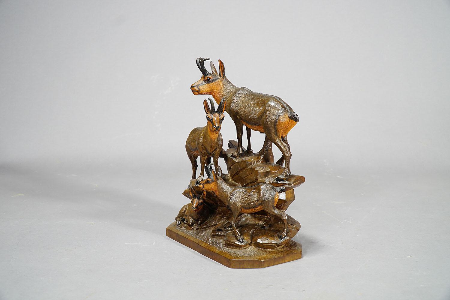 Austrian Carved Wood Chamois Family by Ernst Heissl, Ebensee Austria, circa 1900 For Sale