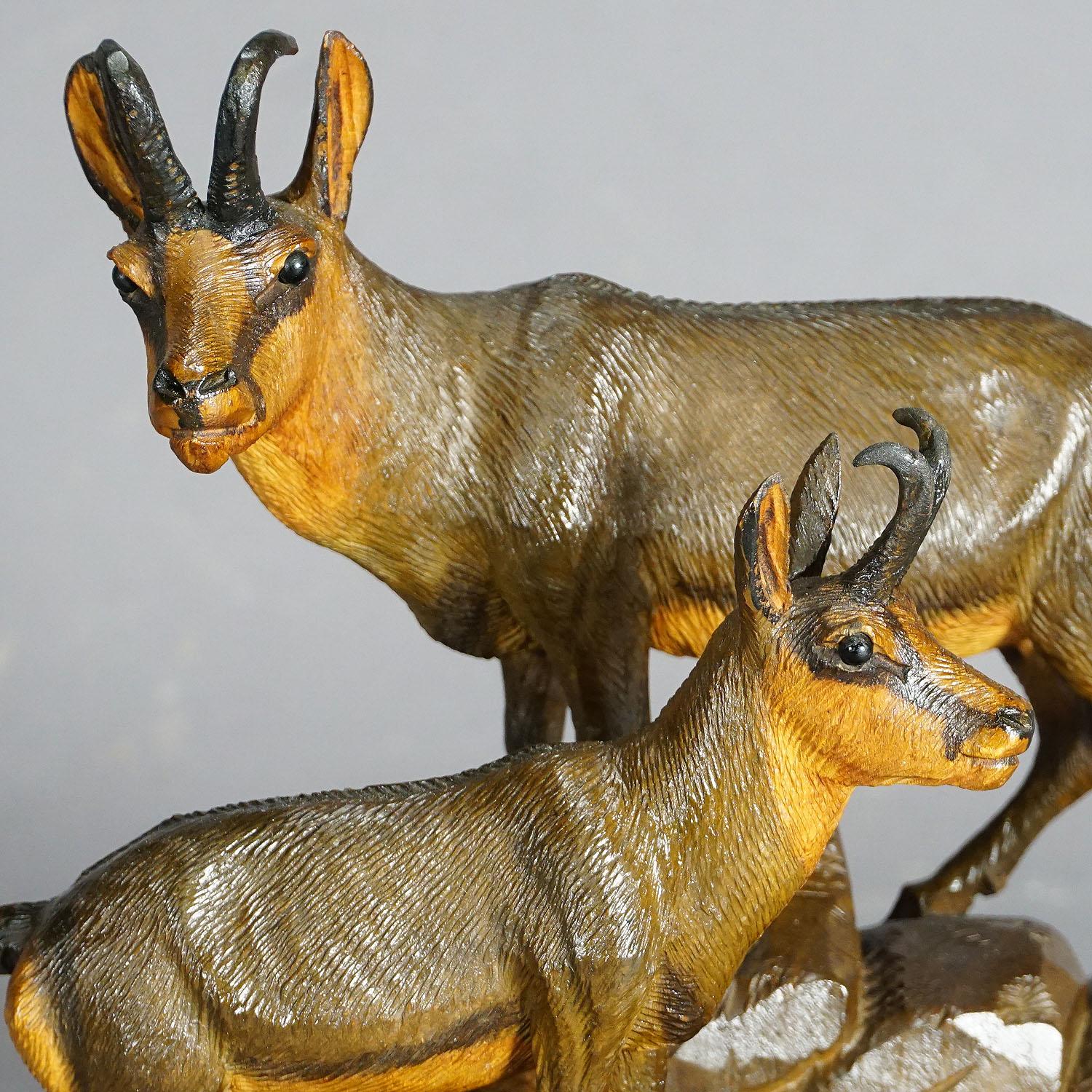 Carved Wood Chamois Family by Ernst Heissl, Ebensee Austria, circa 1900 For Sale 2