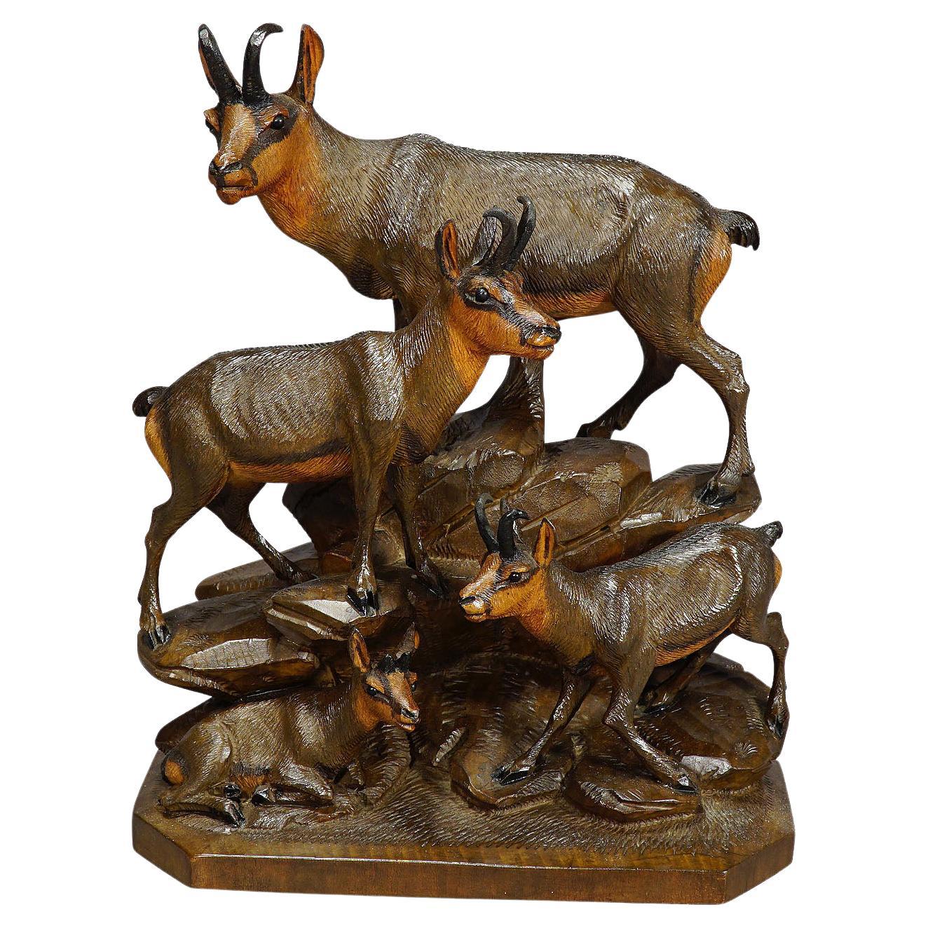 Carved Wood Chamois Family by Ernst Heissl, Ebensee Austria, circa 1900 For Sale