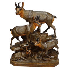 Carved Wood Chamois Family by Ernst Heissl, Ebensee Austria, circa 1900