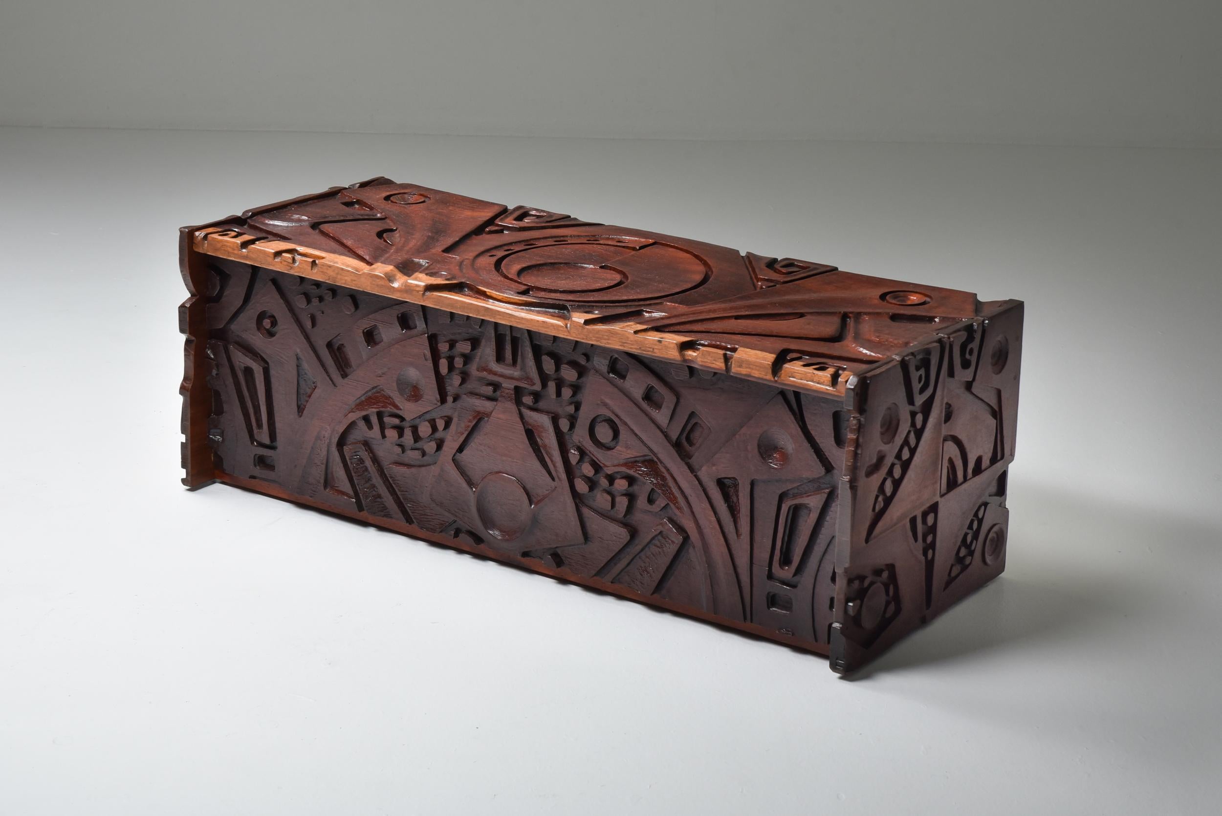 Hand-Carved Carved Wood Chest by Gianni Pinna, Artwork, Post-Modern 1950s