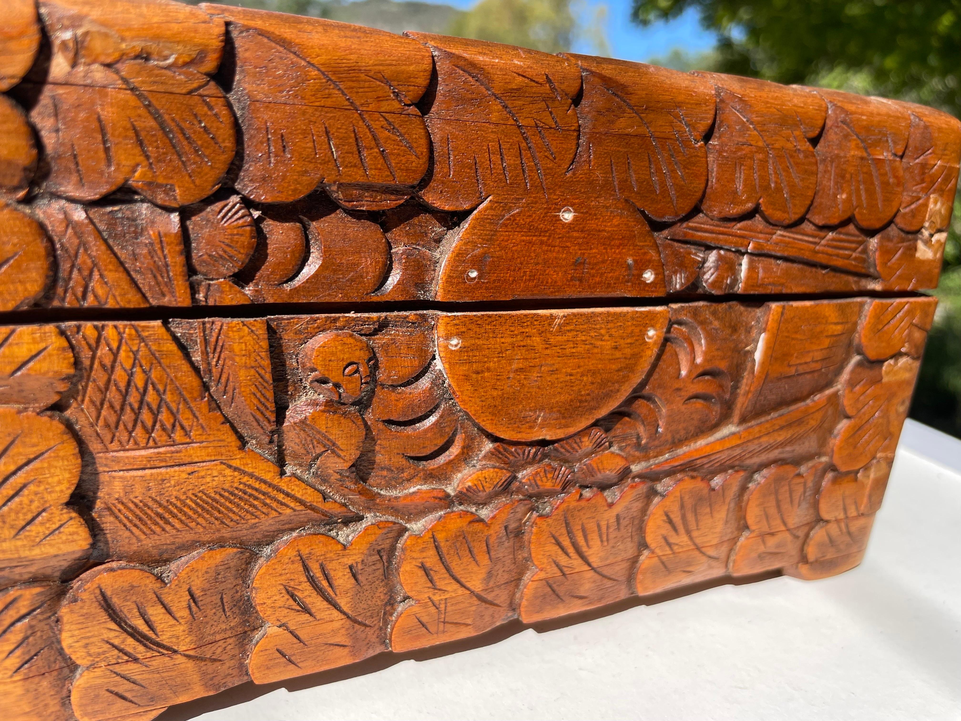 20th Century Carved Wood Chinese Box, with Landscape and Characters Decor Pattern, China 20th For Sale
