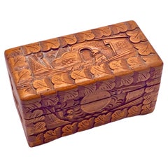 Carved Wood Chinese Box, with Landscape and Characters Decor Pattern, China 20th