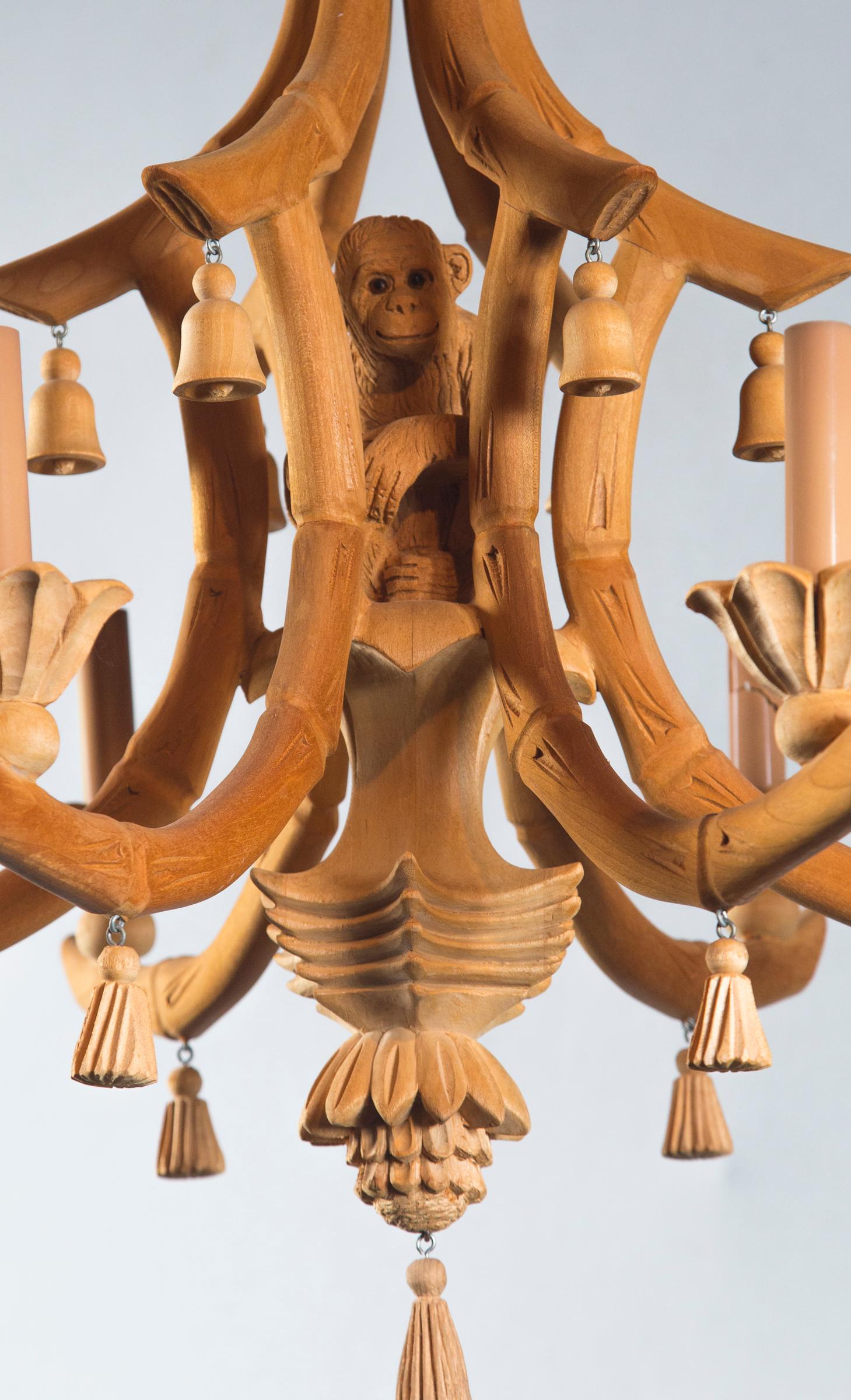 Italian Carved Wood Chinoiserie Chandelier with Monkey and Tassels