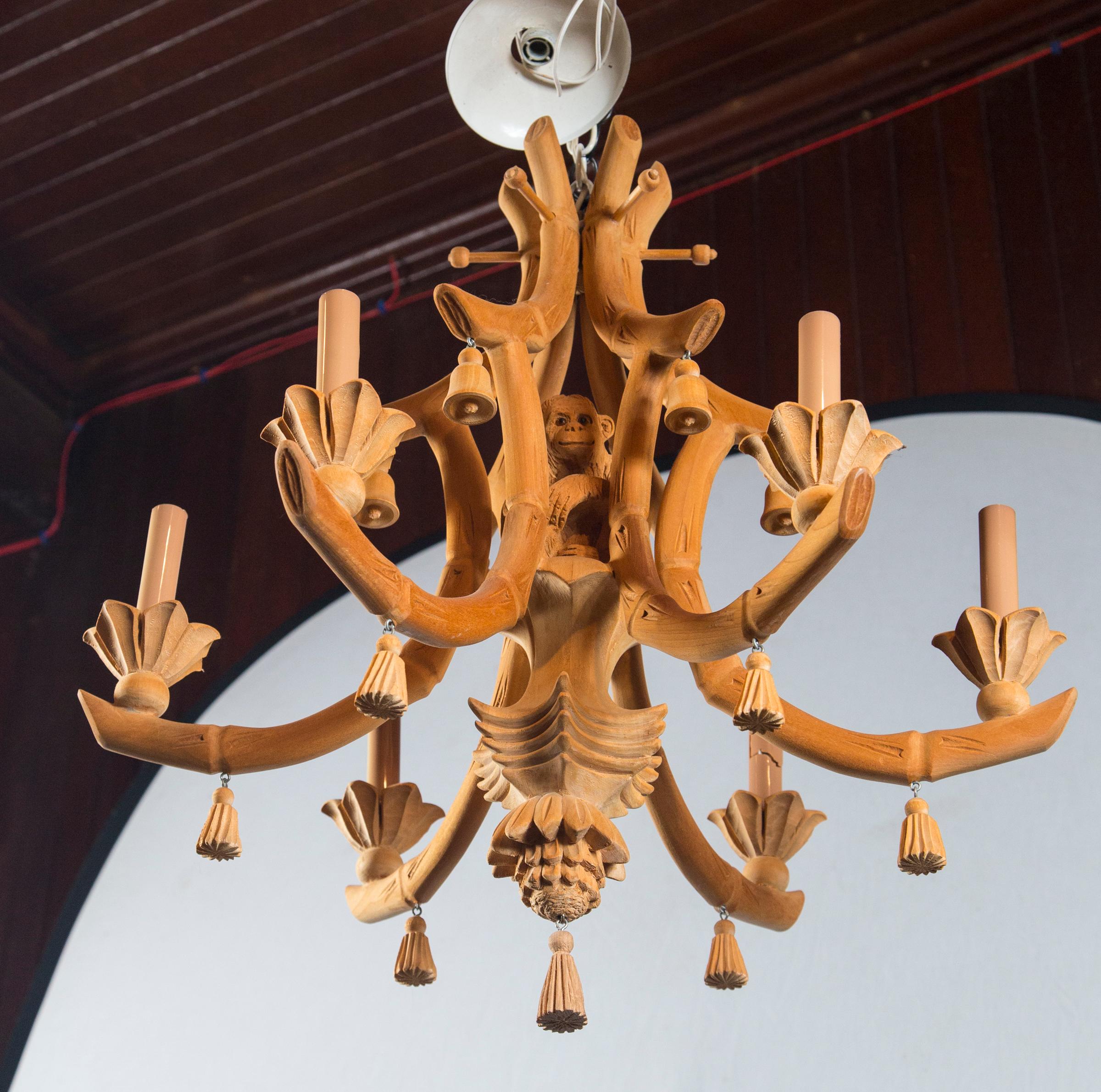 Mid-20th Century Carved Wood Chinoiserie Chandelier with Monkey and Tassels