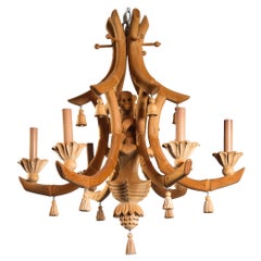 Vintage Carved Wood Chinoiserie Chandelier with Monkey and Tassels