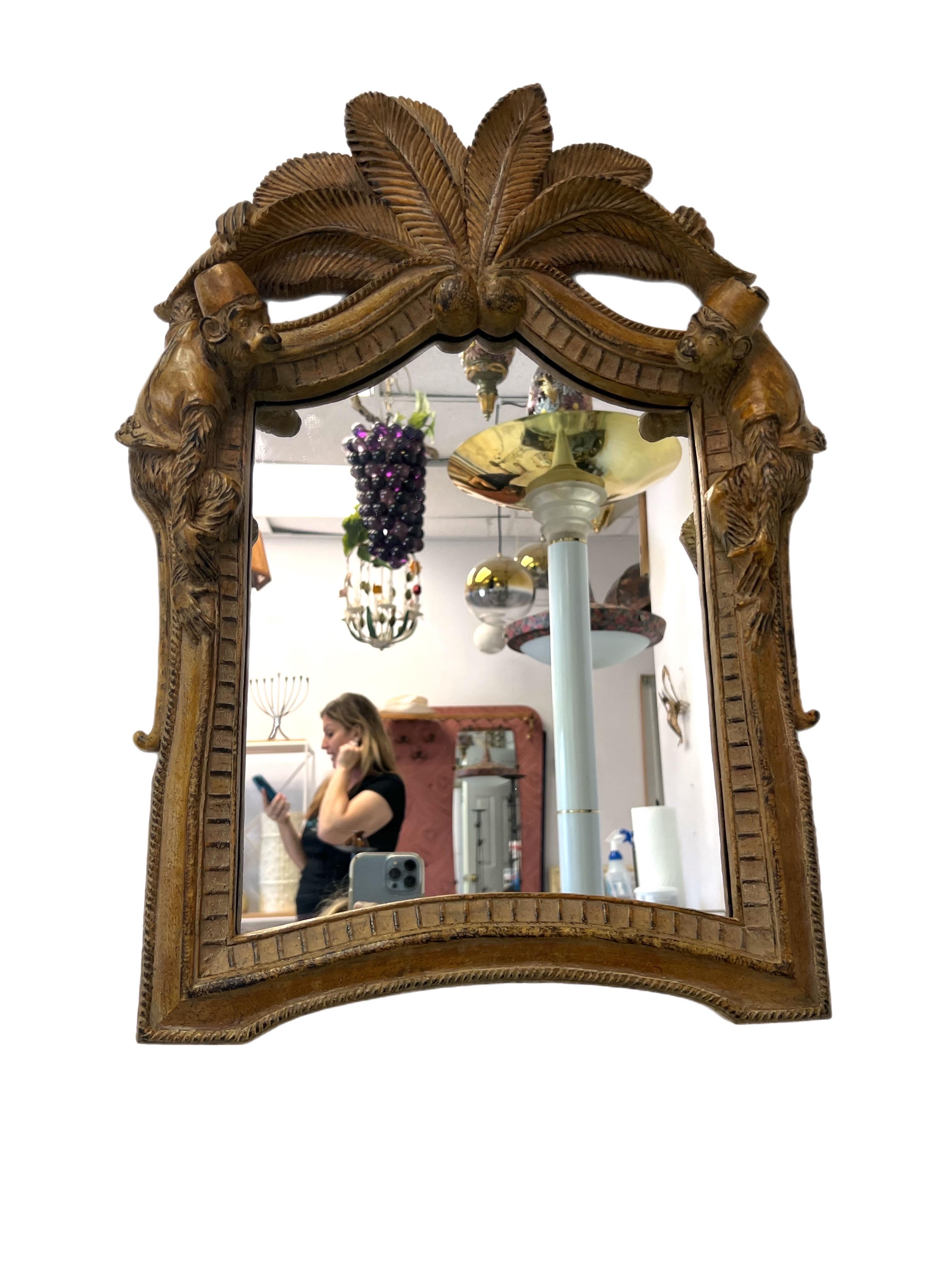 Hollywood Regency Carved Wood Chinoiserie Monkey and Palm Mirror For Sale