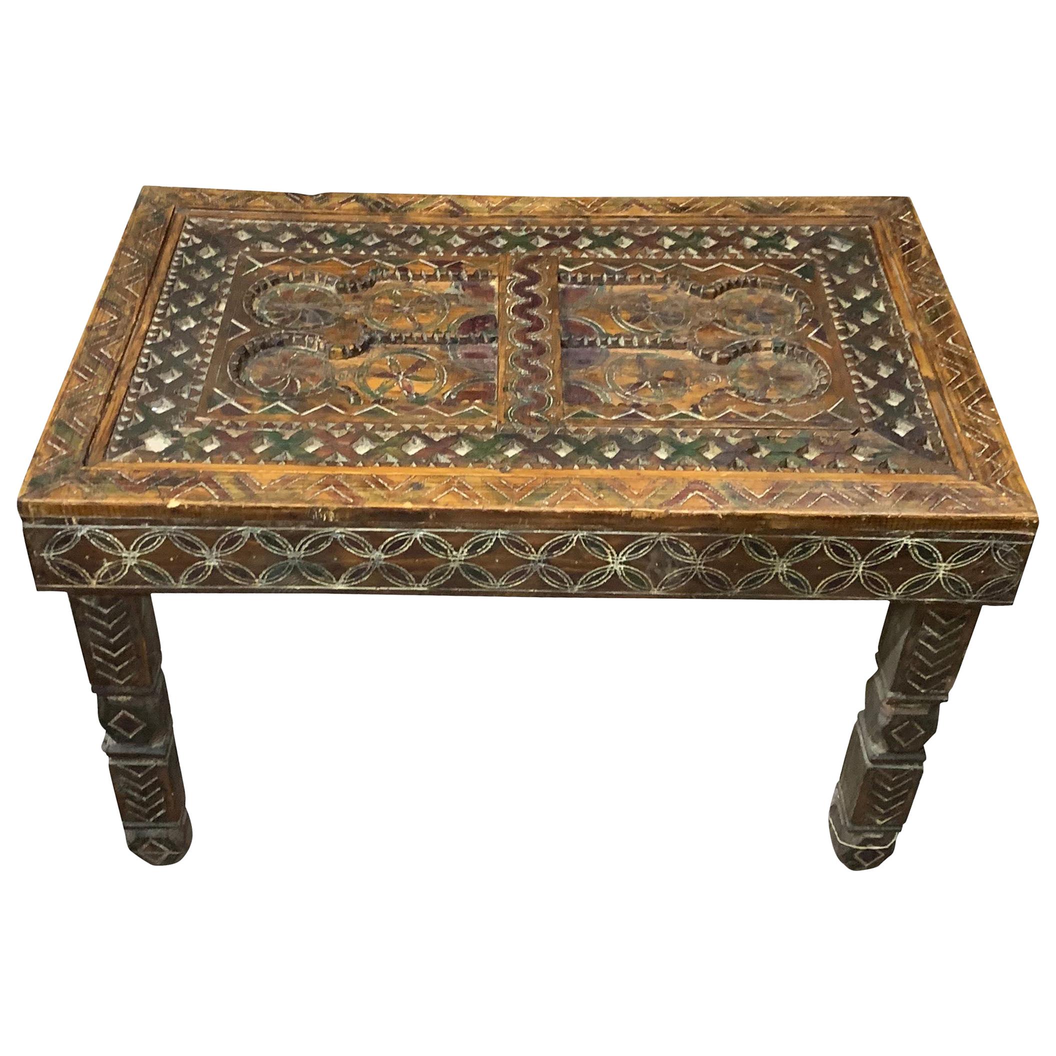 Hand Carved Decorative Wood Coffee Table, Morocco, 19th Century