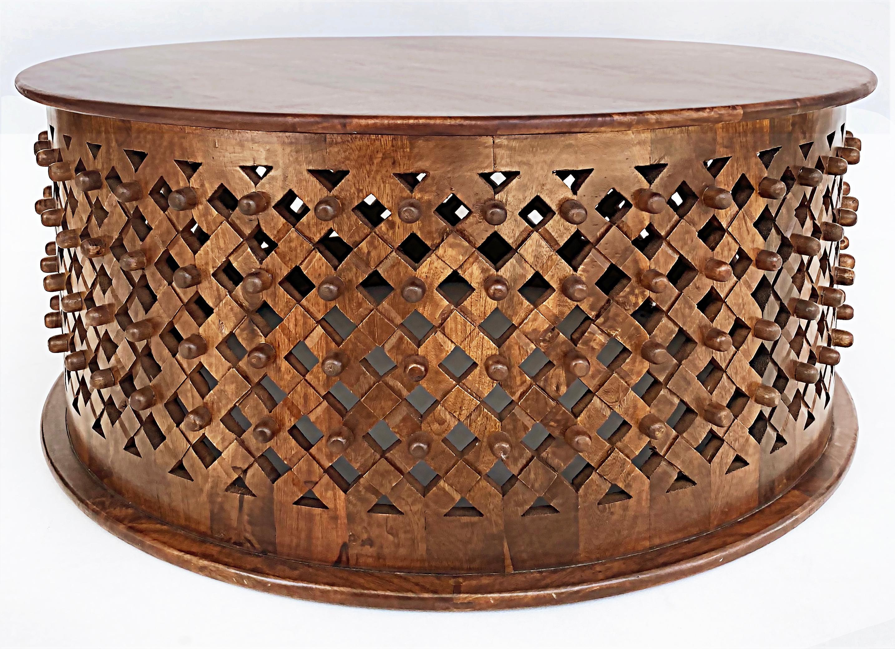 Veneer Carved Wood Criss-Cross Grained Drum Coffee Table