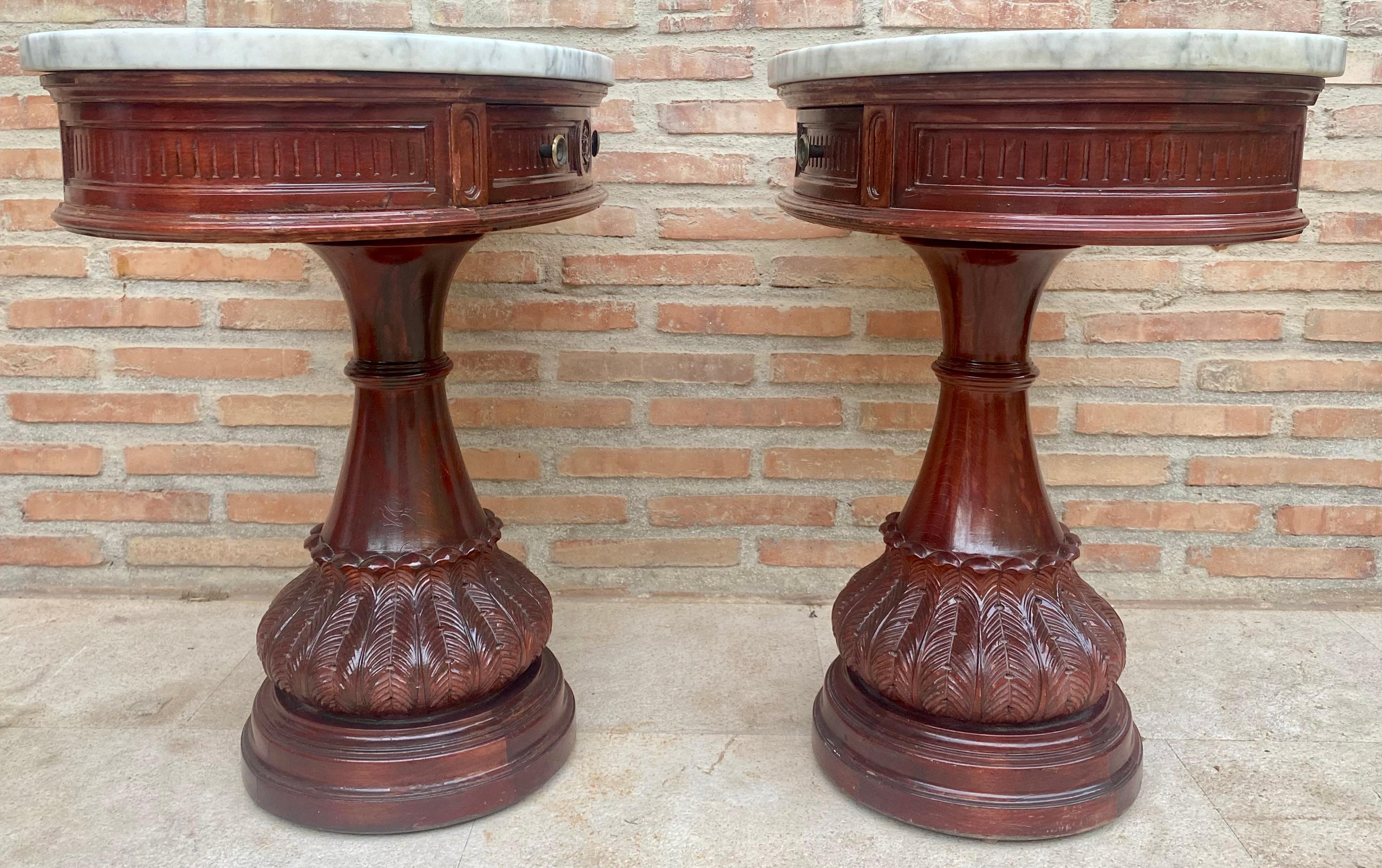 Carved Wood Demi Lune Nightstands with Marble Top, 1940, Set of 2 For Sale 4