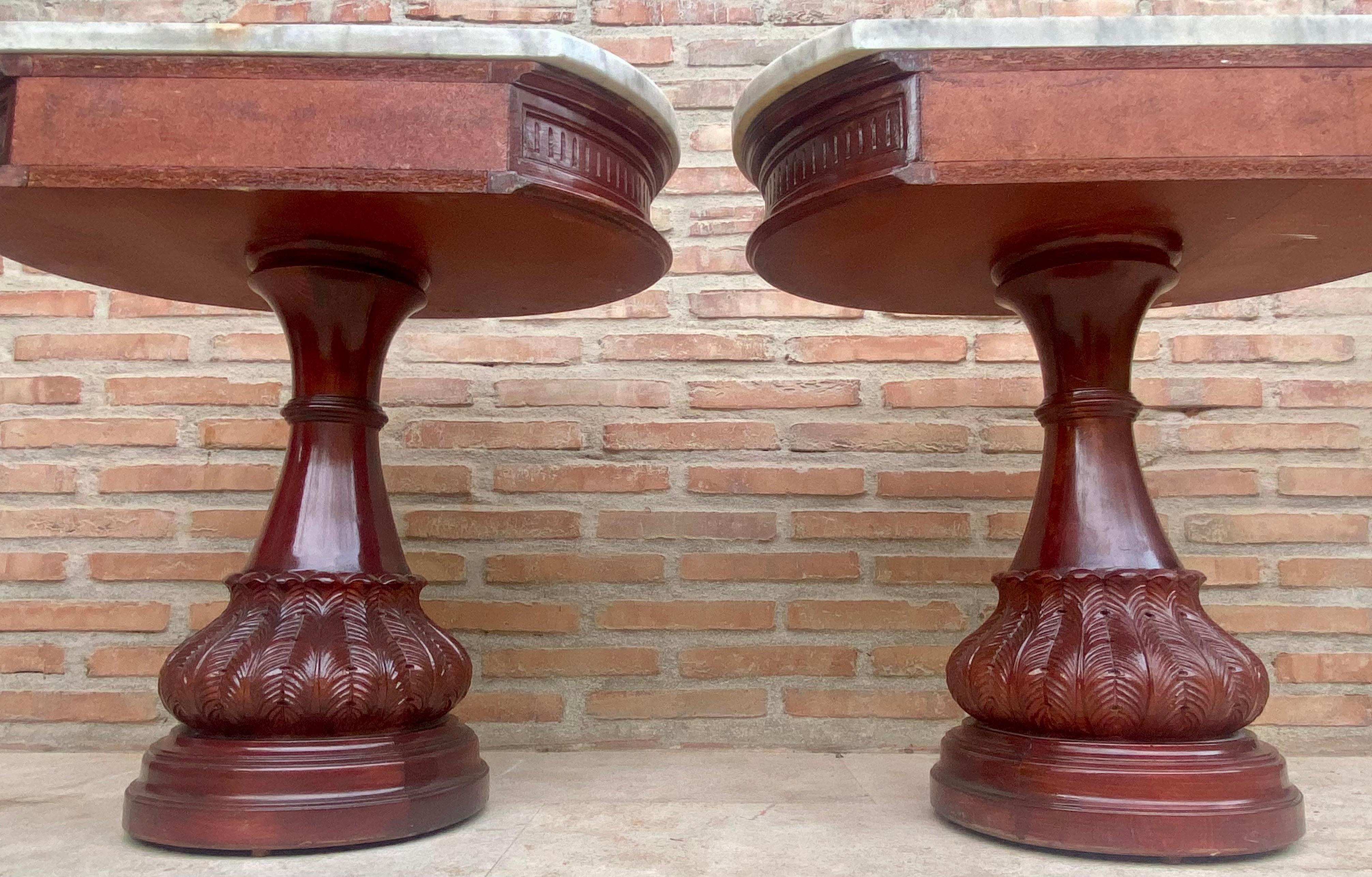 Carved Wood Demi Lune Nightstands with Marble Top, 1940, Set of 2 For Sale 5