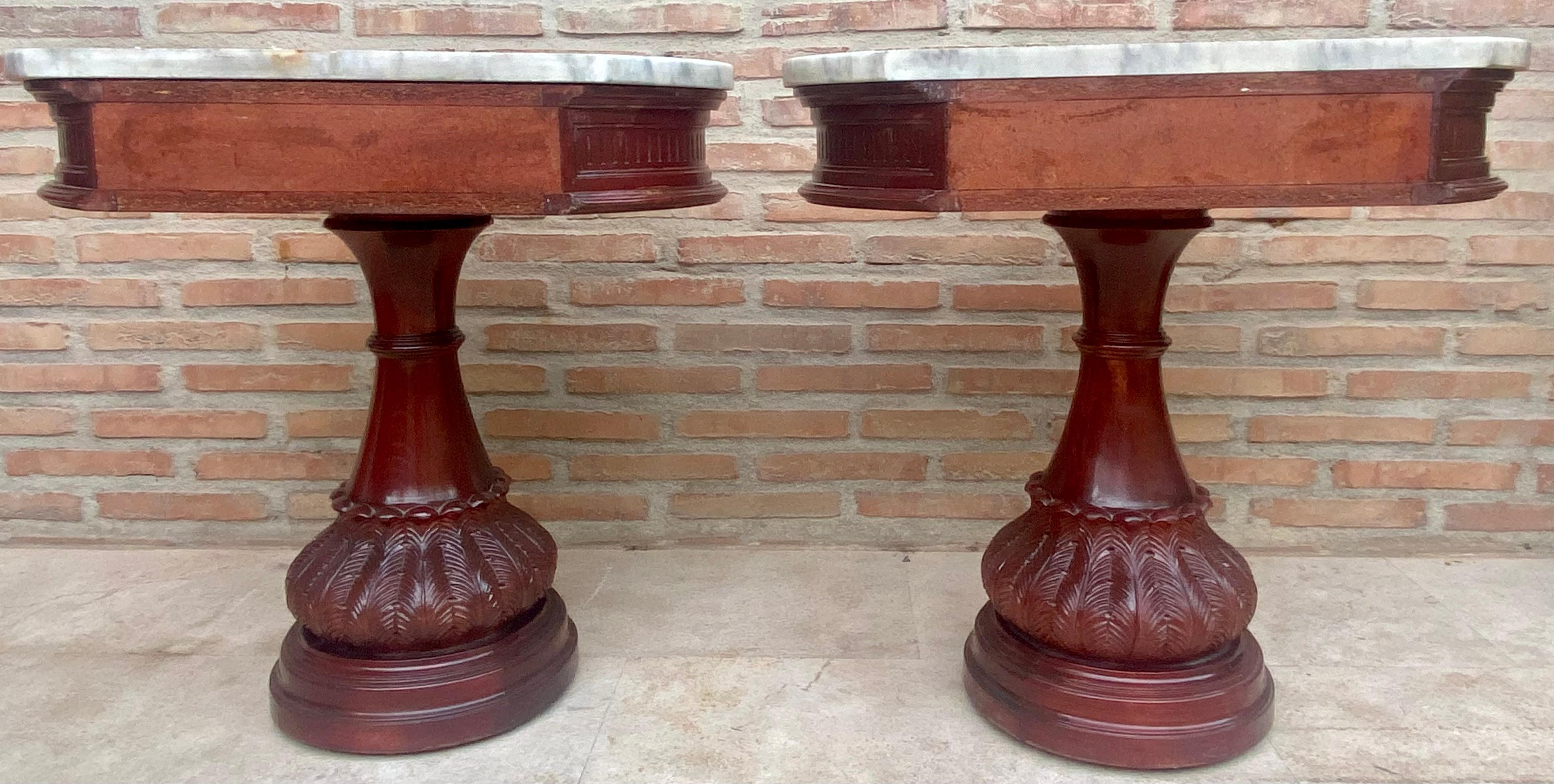Carved Wood Demi Lune Nightstands with Marble Top, 1940, Set of 2 For Sale 6