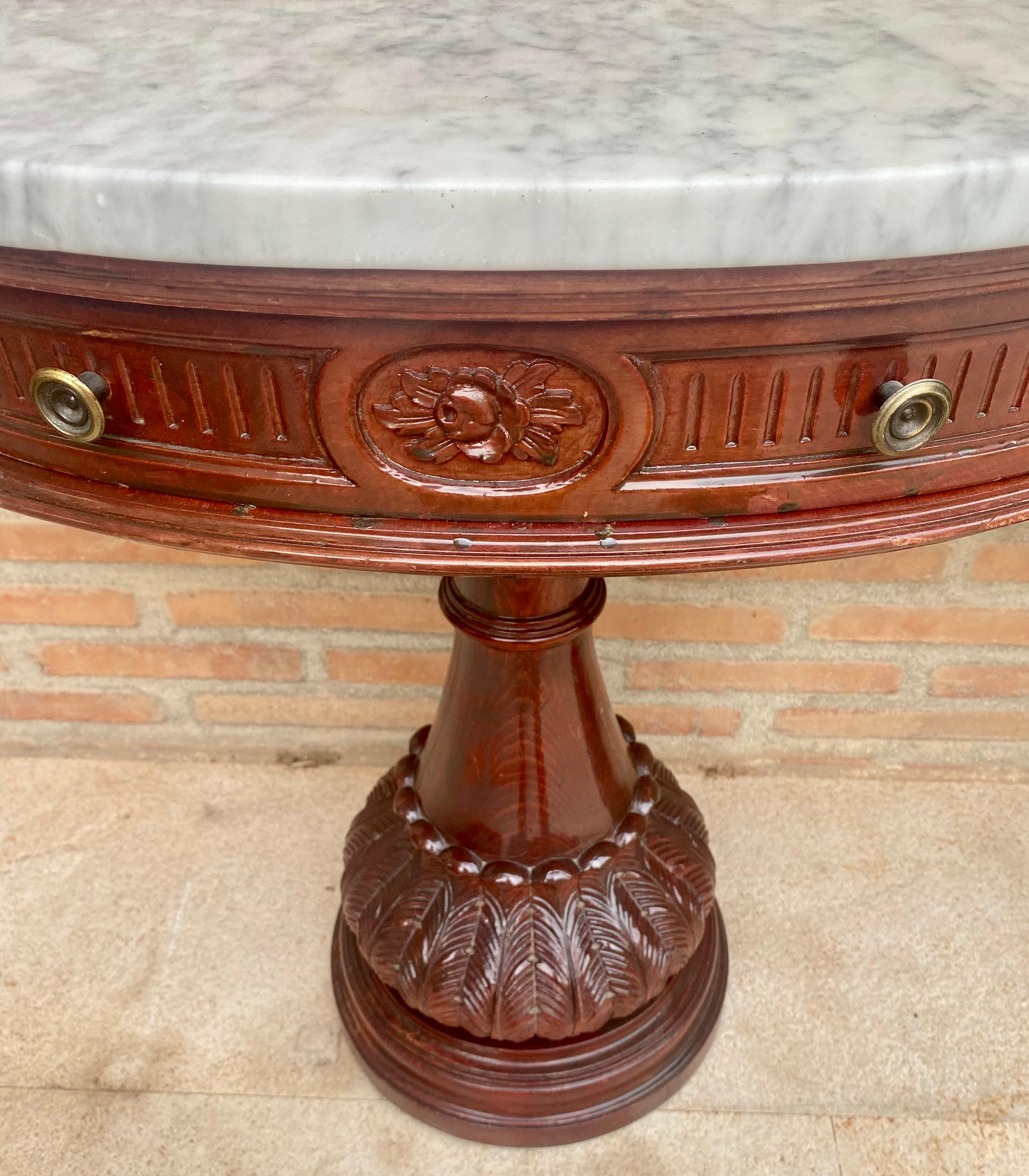 Carved Wood Demi Lune Nightstands with Marble Top, 1940, Set of 2 For Sale 7