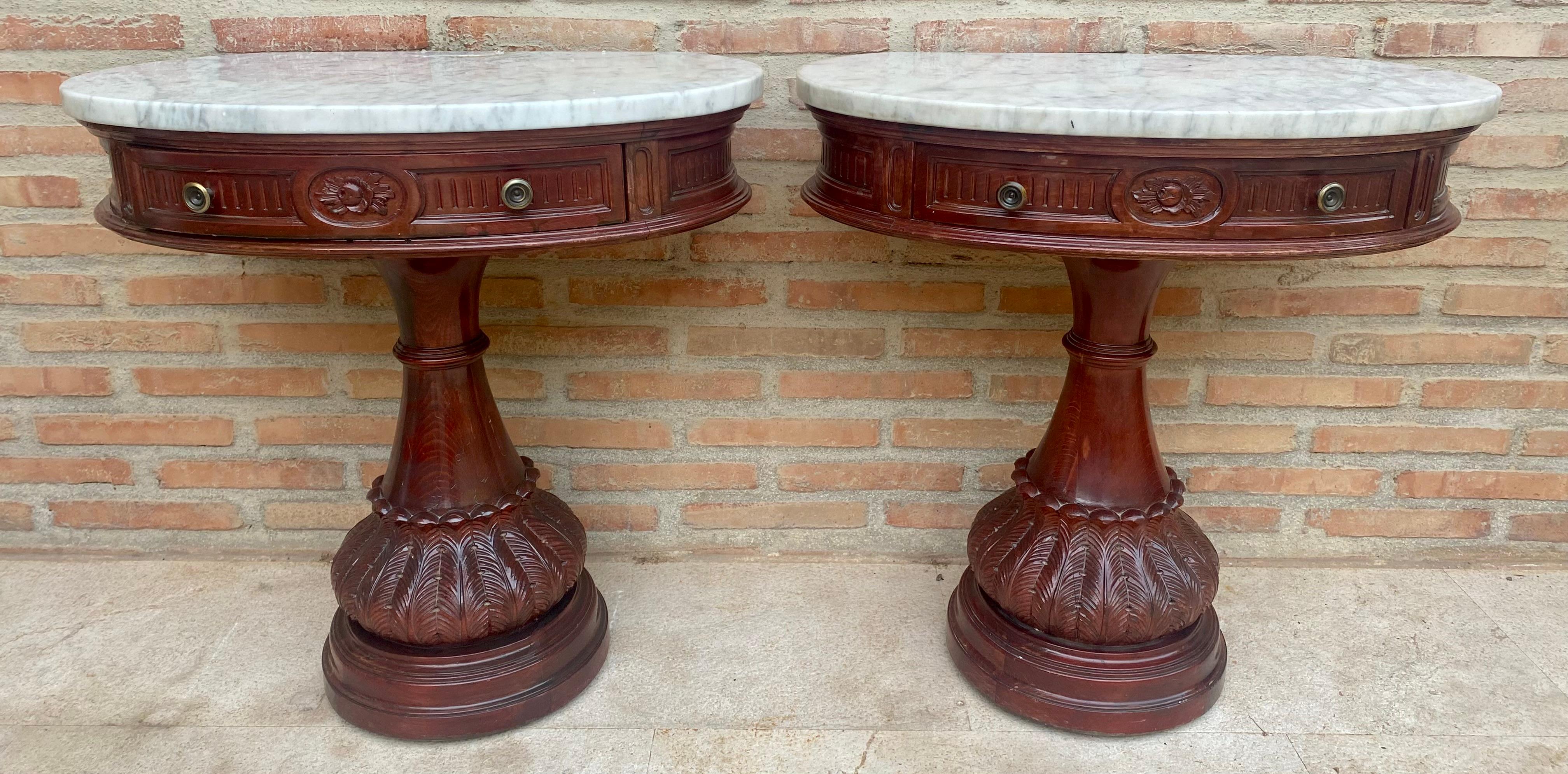 French Provincial Carved Wood Demi Lune Nightstands with Marble Top, 1940, Set of 2 For Sale
