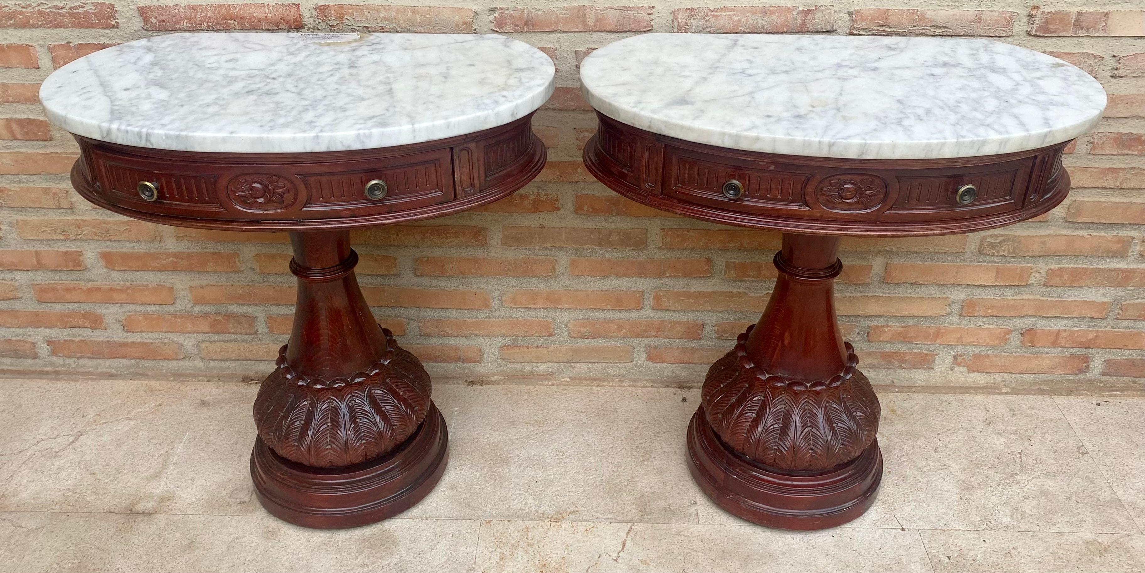 French Carved Wood Demi Lune Nightstands with Marble Top, 1940, Set of 2 For Sale